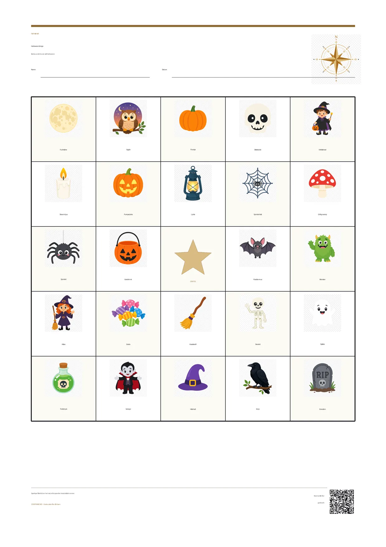 Halloweenbingo för barn 4–6 år – gratis utskrivbart A4-bräde