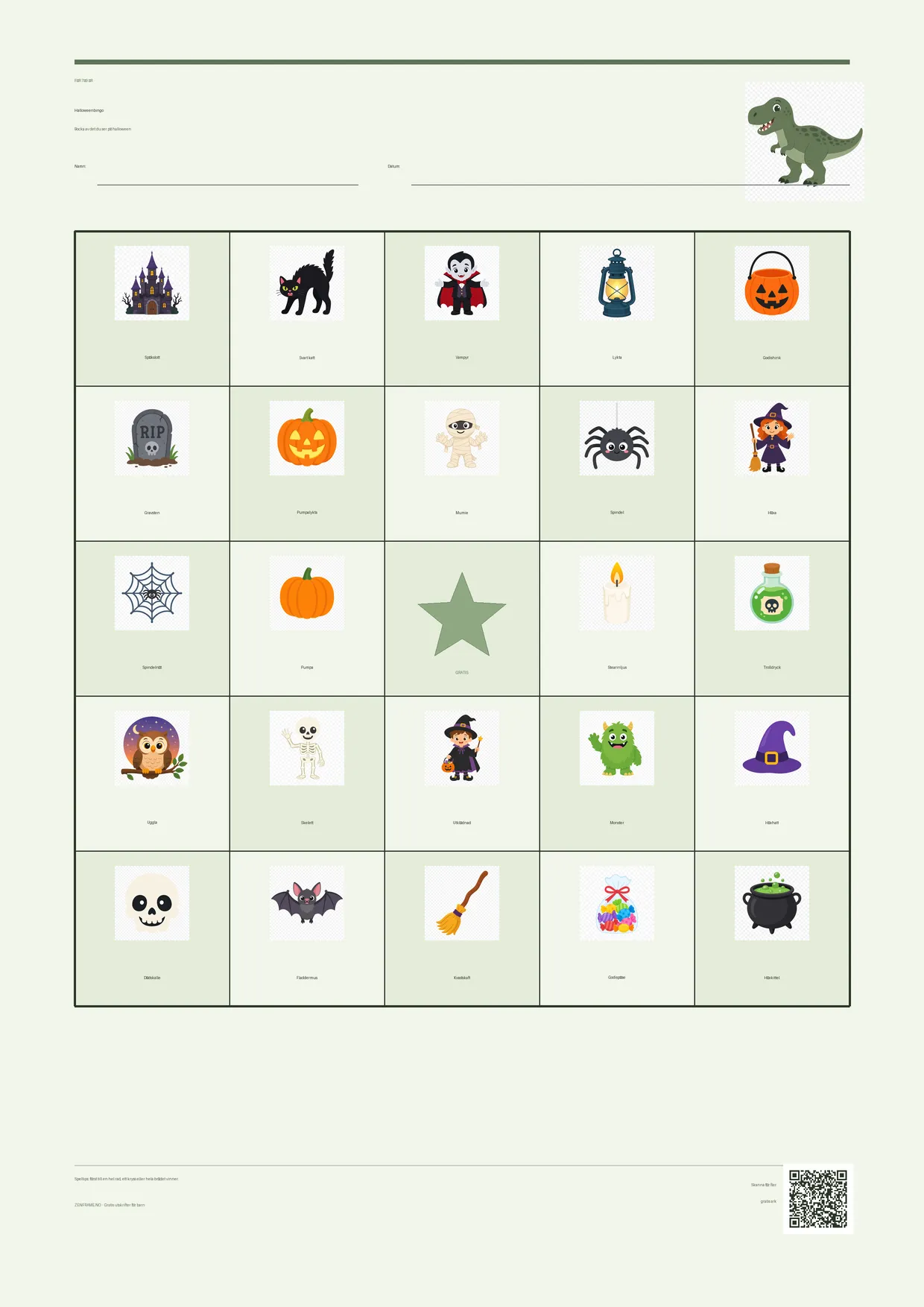 Halloweenbingo för barn 7–9 år – Dinosaurie-tema – gratis utskrivbart A4-bräde