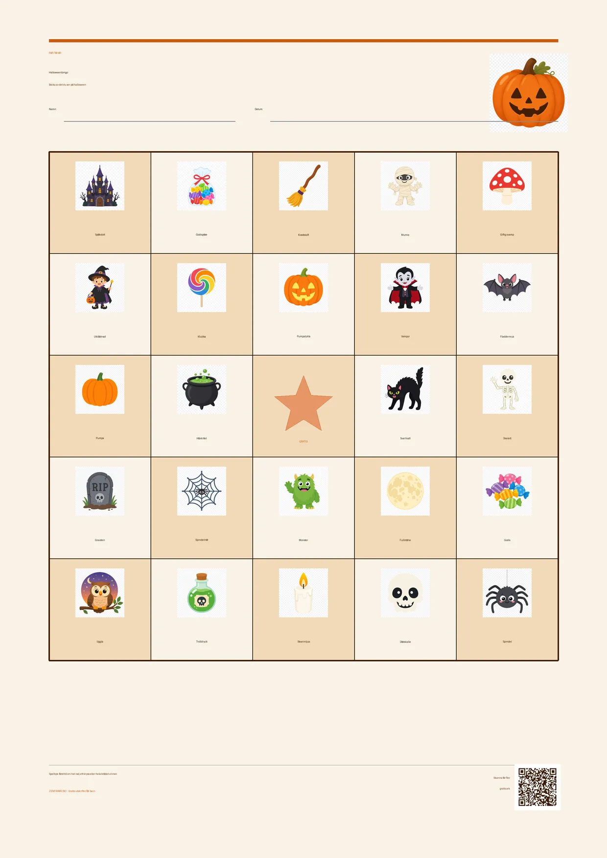 Halloweenbingo för barn 7–9 år – Halloween-tema – gratis utskrivbart A4-bräde