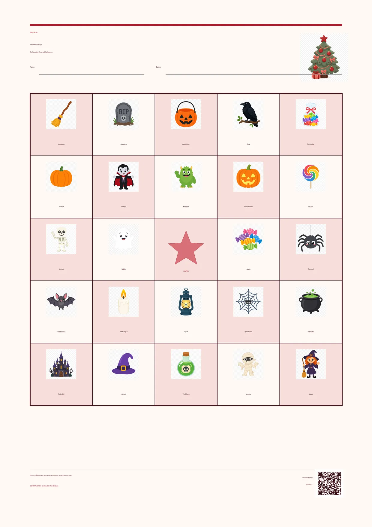Halloweenbingo för barn 7–9 år – Jul-tema – gratis utskrivbart A4-bräde