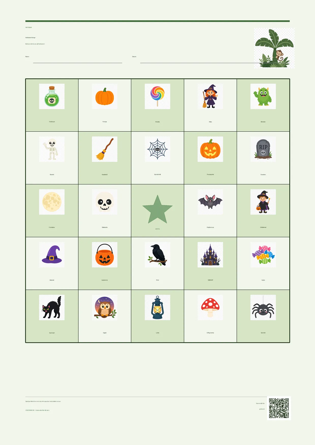 Halloweenbingo för barn 7–9 år – Djungel-tema – gratis utskrivbart A4-bräde