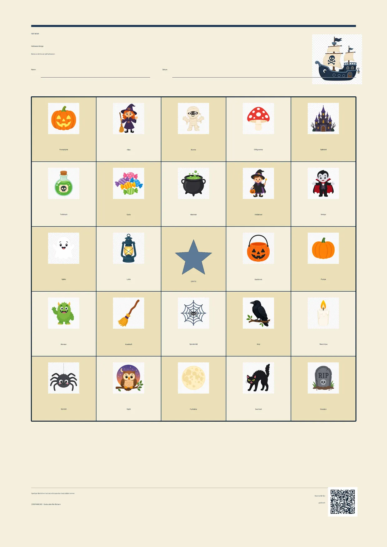 Halloweenbingo för barn 7–9 år – Pirat-tema – gratis utskrivbart A4-bräde