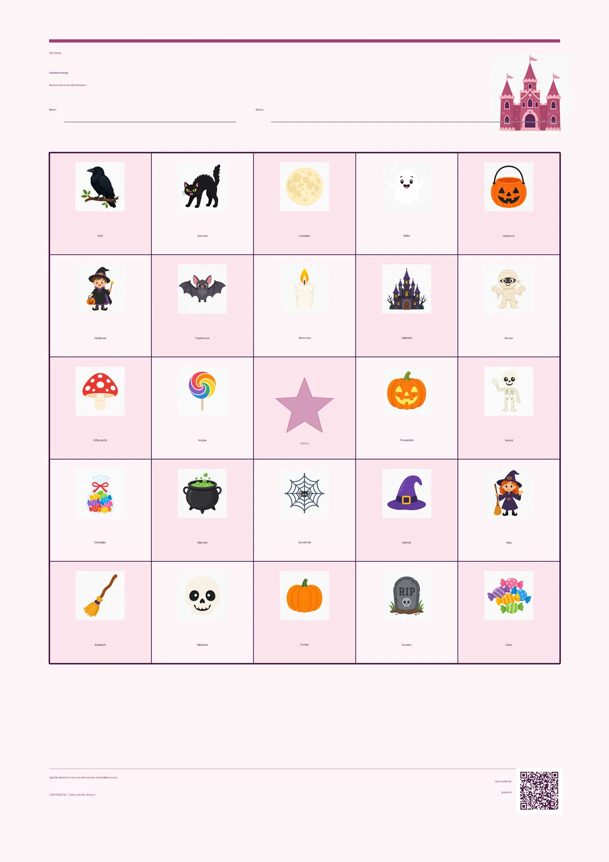 Halloweenbingo för barn 7–9 år – Prinsessa-tema – gratis utskrivbart A4-bräde