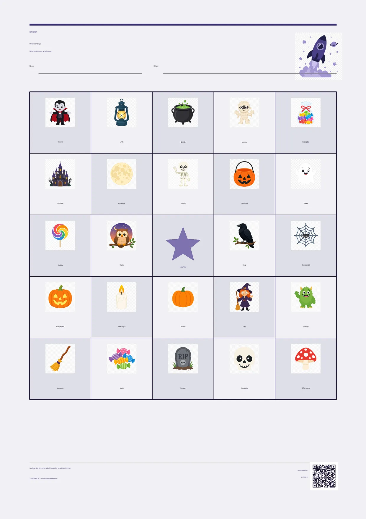 Halloweenbingo för barn 7–9 år – Rymden-tema – gratis utskrivbart A4-bräde