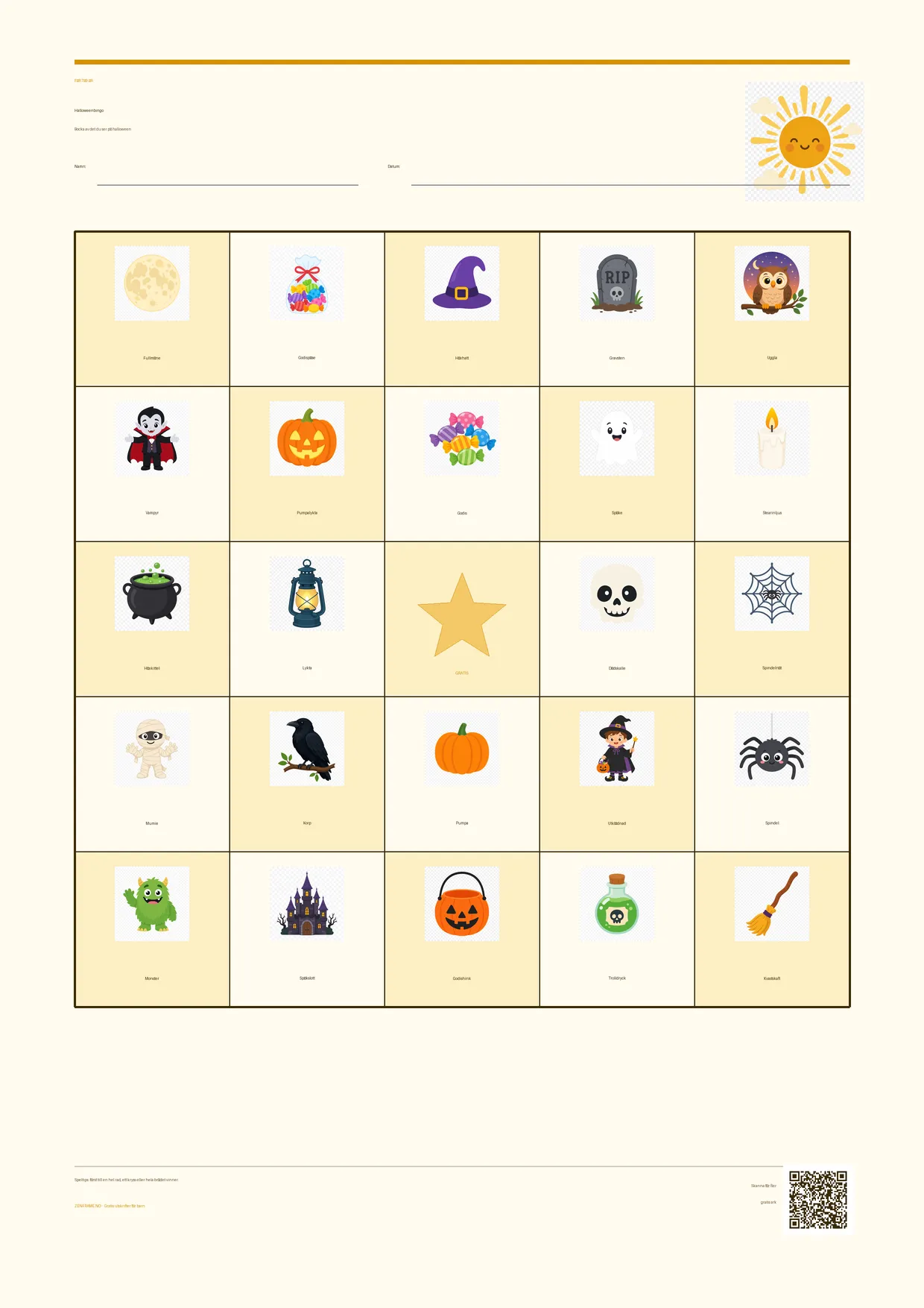 Halloweenbingo för barn 7–9 år – Sommar-tema – gratis utskrivbart A4-bräde