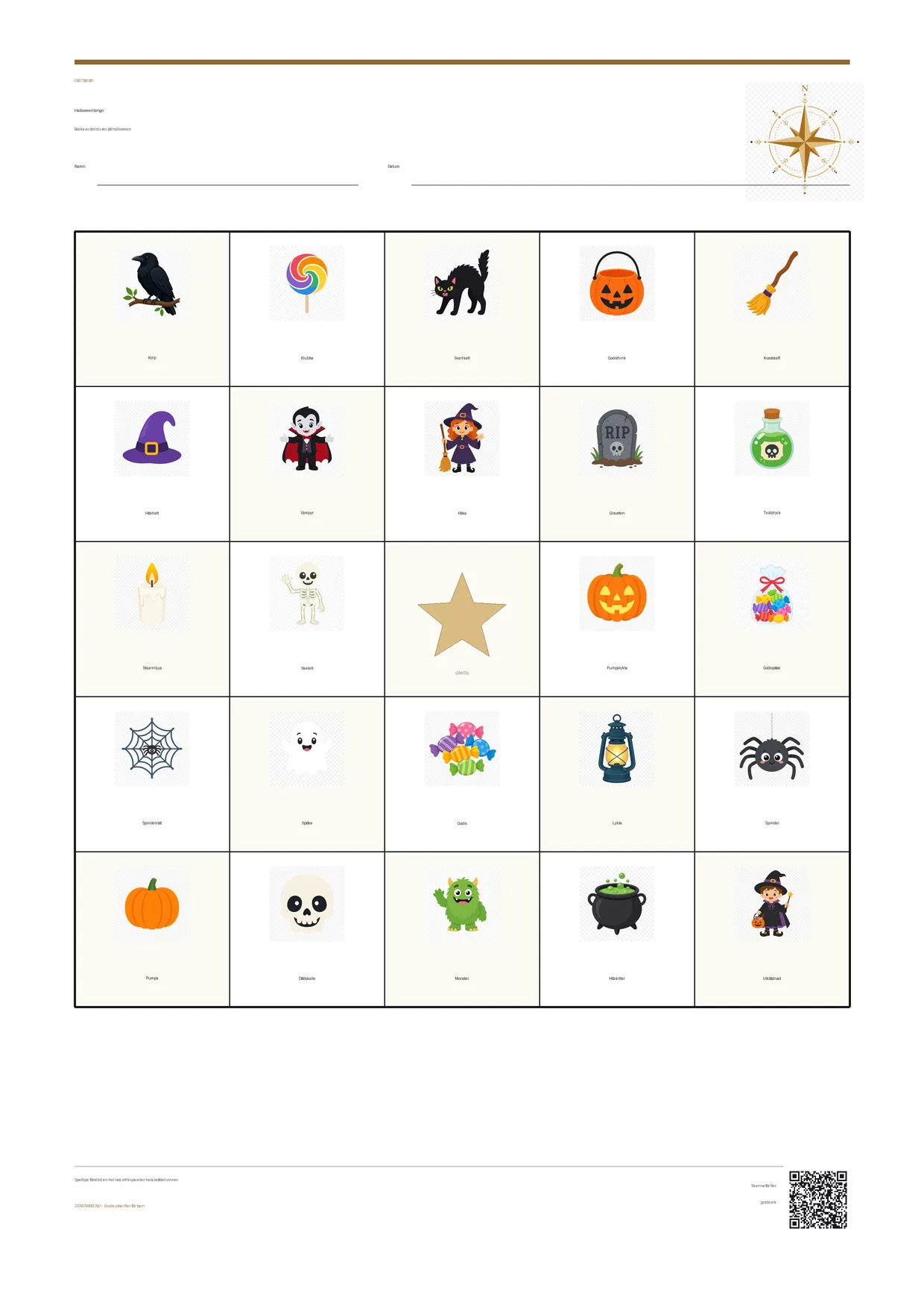 Halloweenbingo för barn 7–9 år – gratis utskrivbart A4-bräde