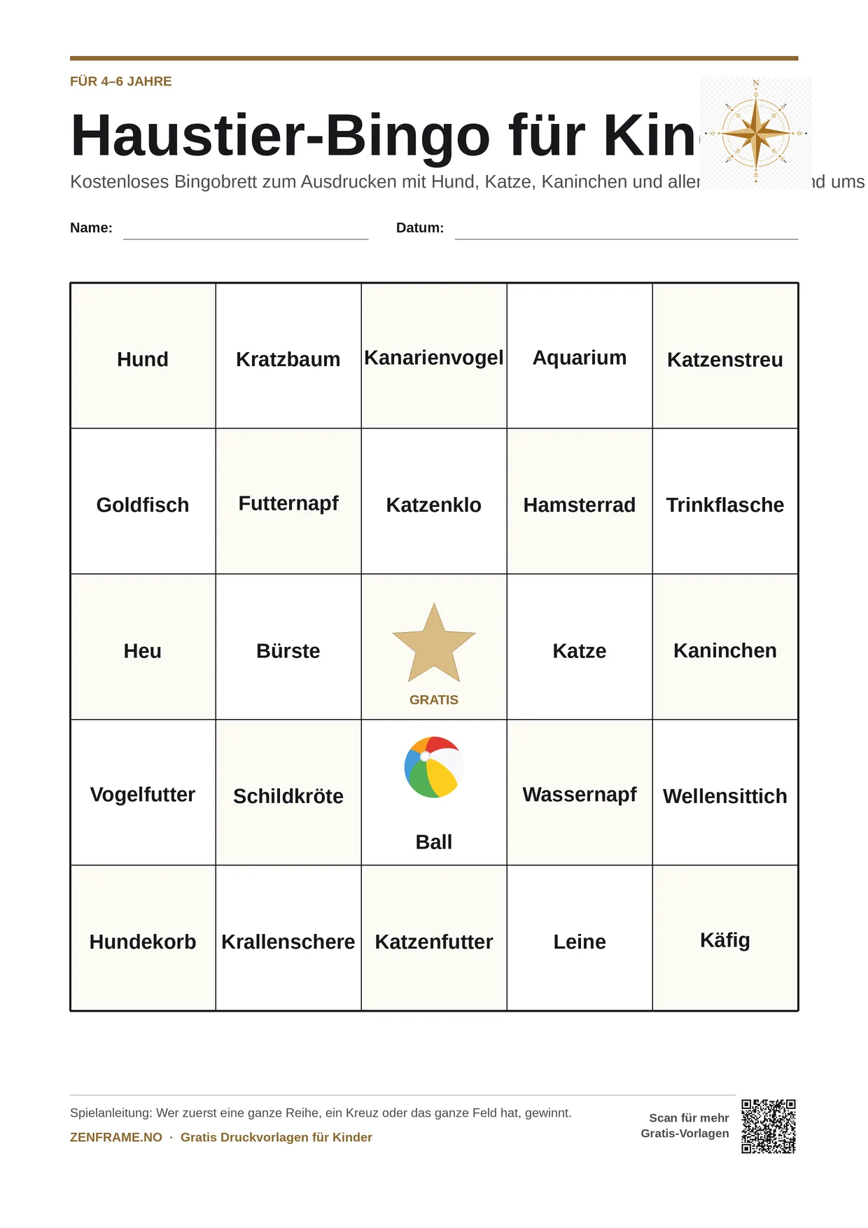 Haustier-Bingo für Kinder 4–6 Jahre – kostenlose A4-Vorlage zum Ausdrucken