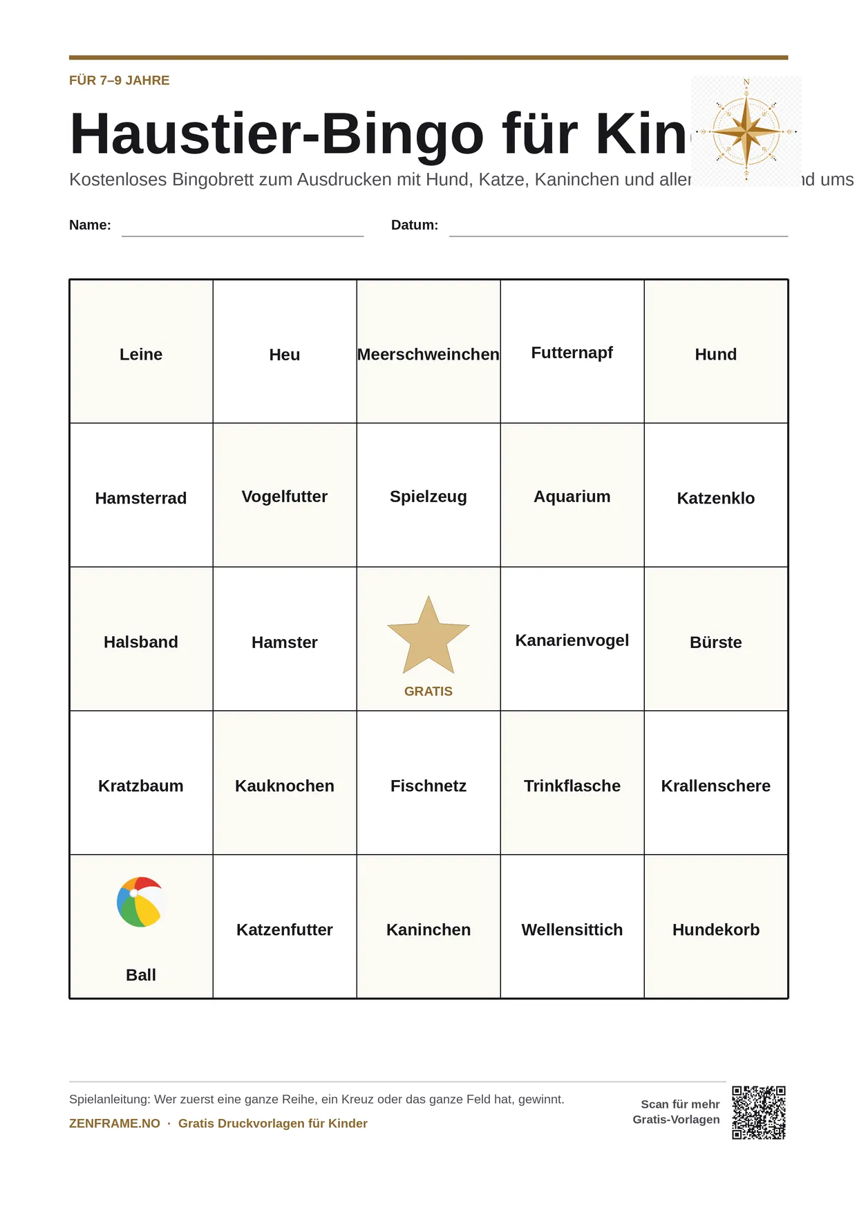 Haustier-Bingo für Kinder 7–9 Jahre – kostenlose A4-Vorlage zum Ausdrucken
