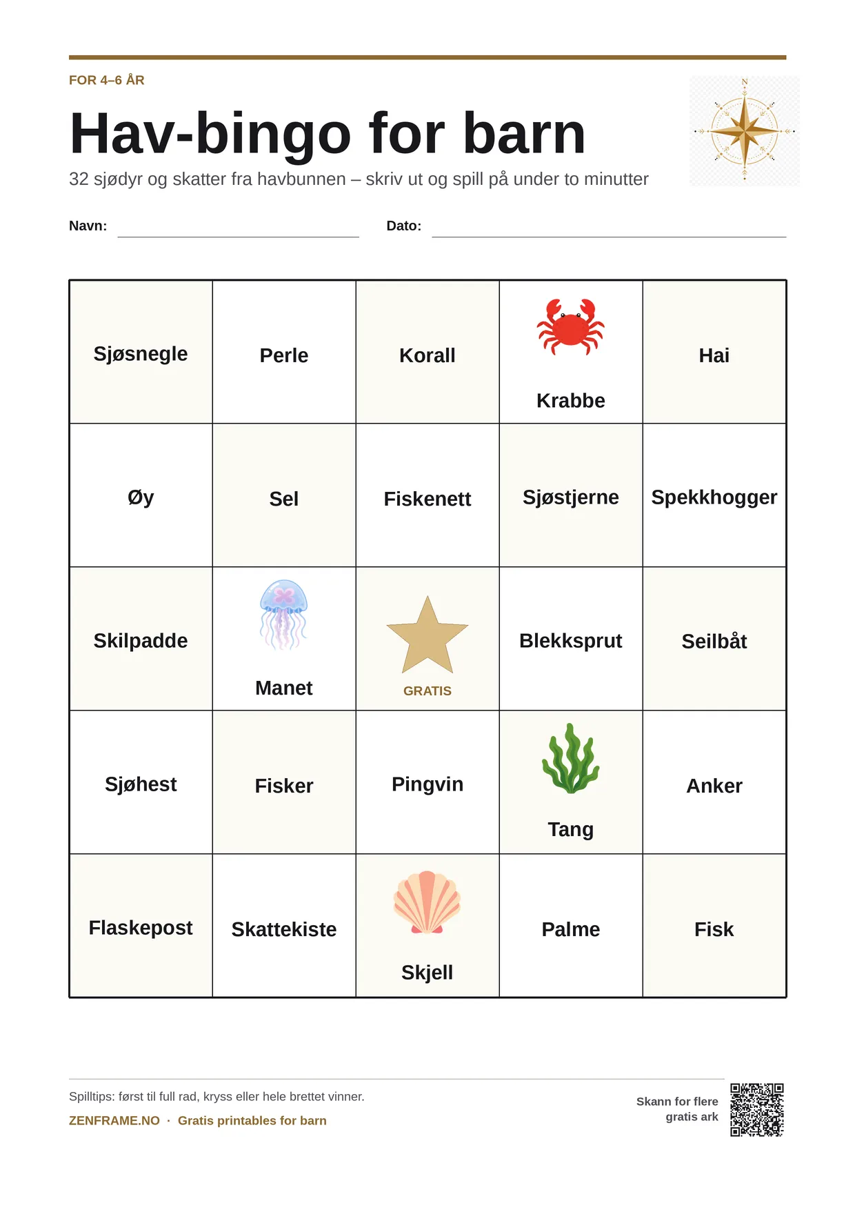 Hav-bingo for barn 4–6 år – gratis utskrivbart A4-brett