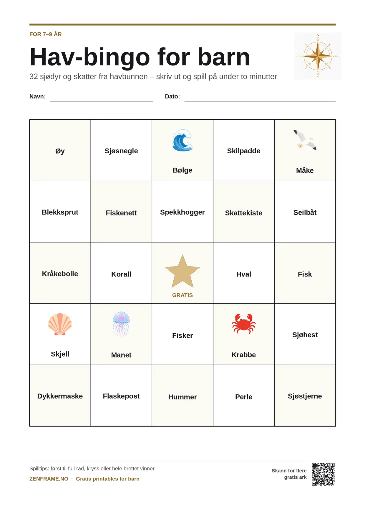 Hav-bingo for barn 7–9 år – gratis utskrivbart A4-brett