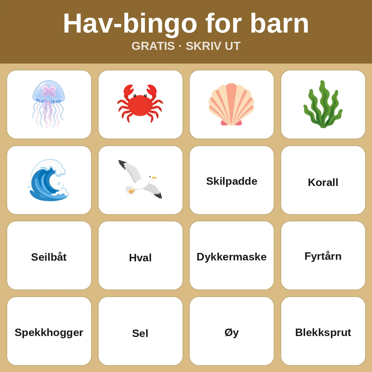 Hav-bingo for barn – gratis bingo til utskrift for barn