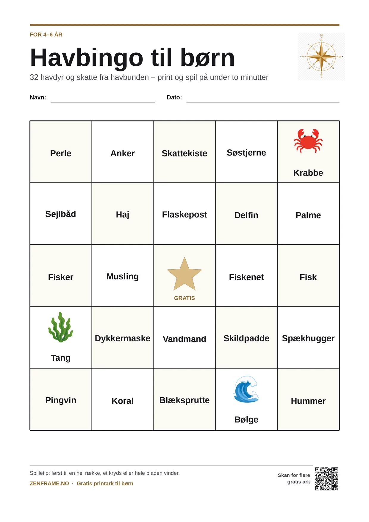 Havbingo for børn 4–6 år – gratis printbar A4-plade