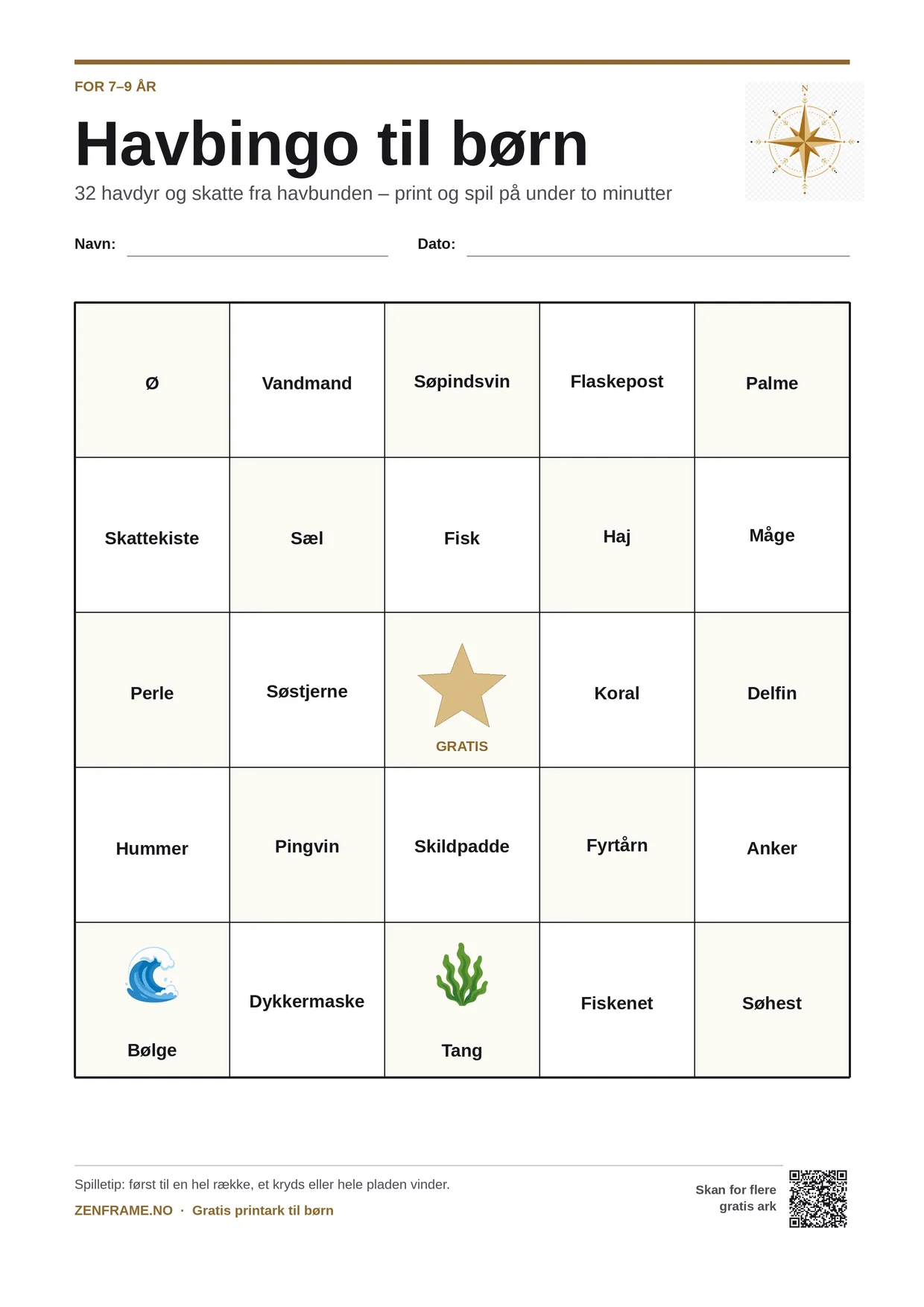 Havbingo for børn 7–9 år – gratis printbar A4-plade