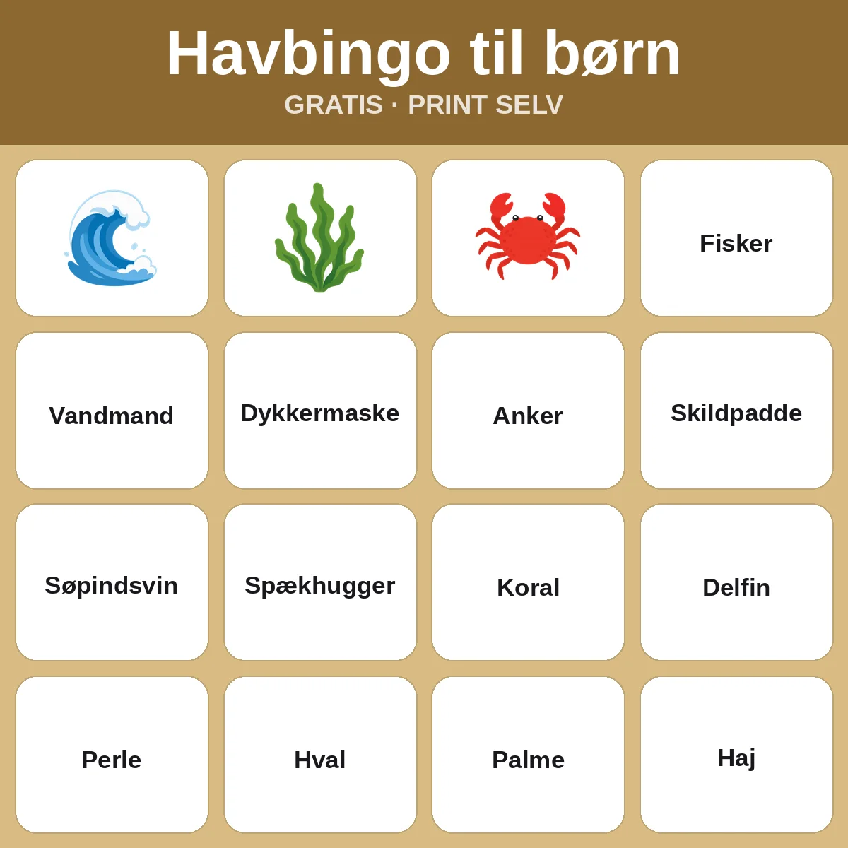 Havbingo til børn – gratis bingo til print for børn
