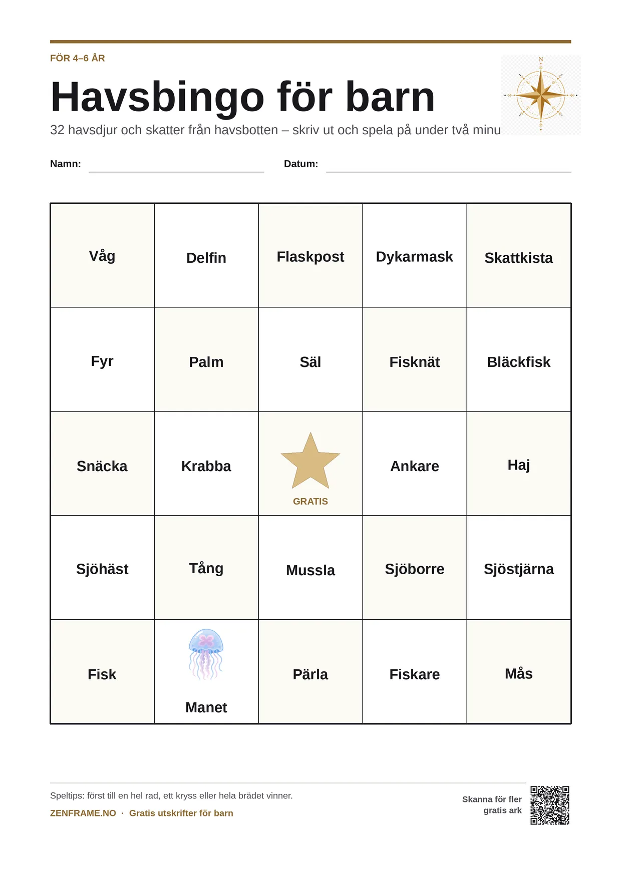 Havsbingo för barn 4–6 år – gratis utskrivbart A4-bräde