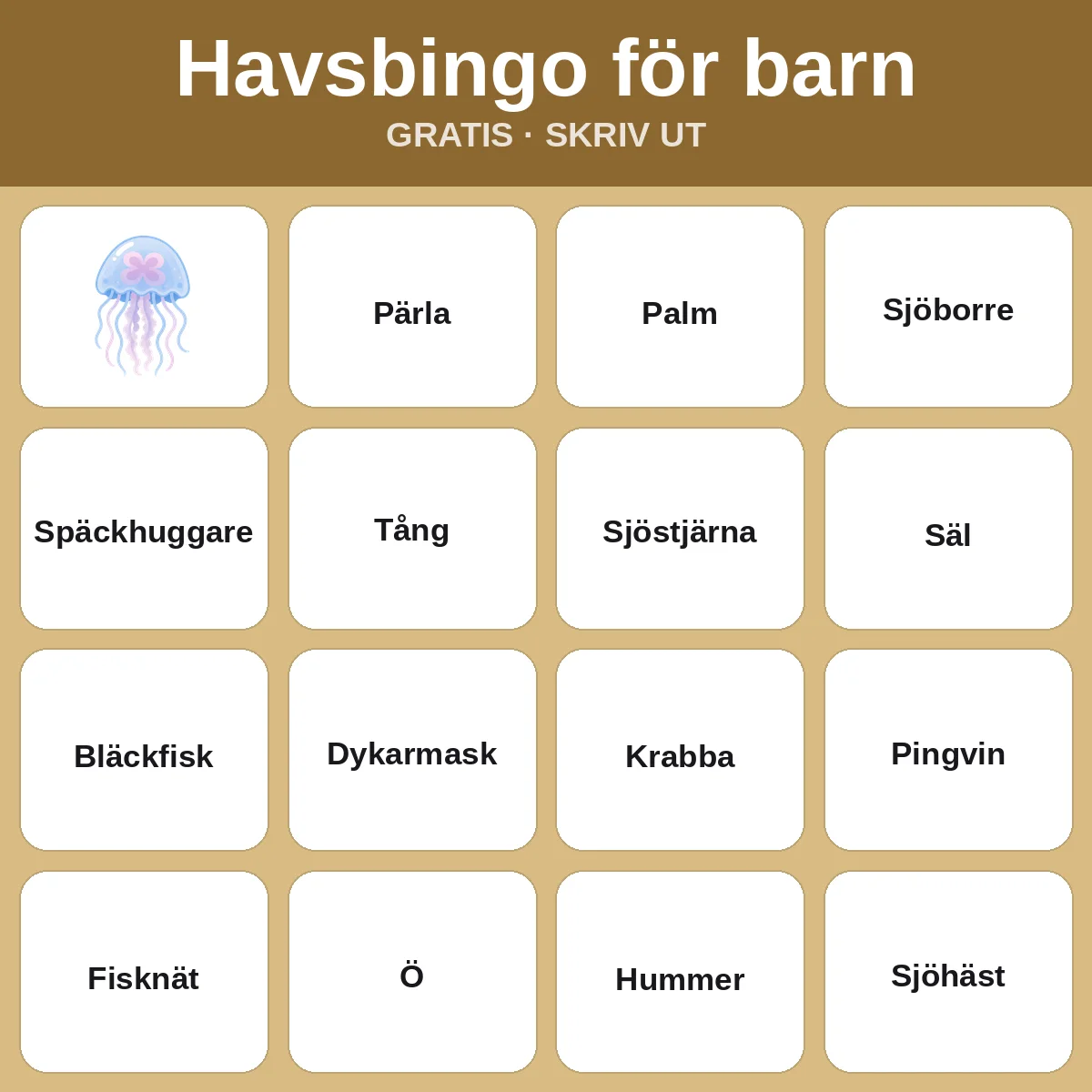 Havsbingo för barn – gratis bingo att skriva ut för barn