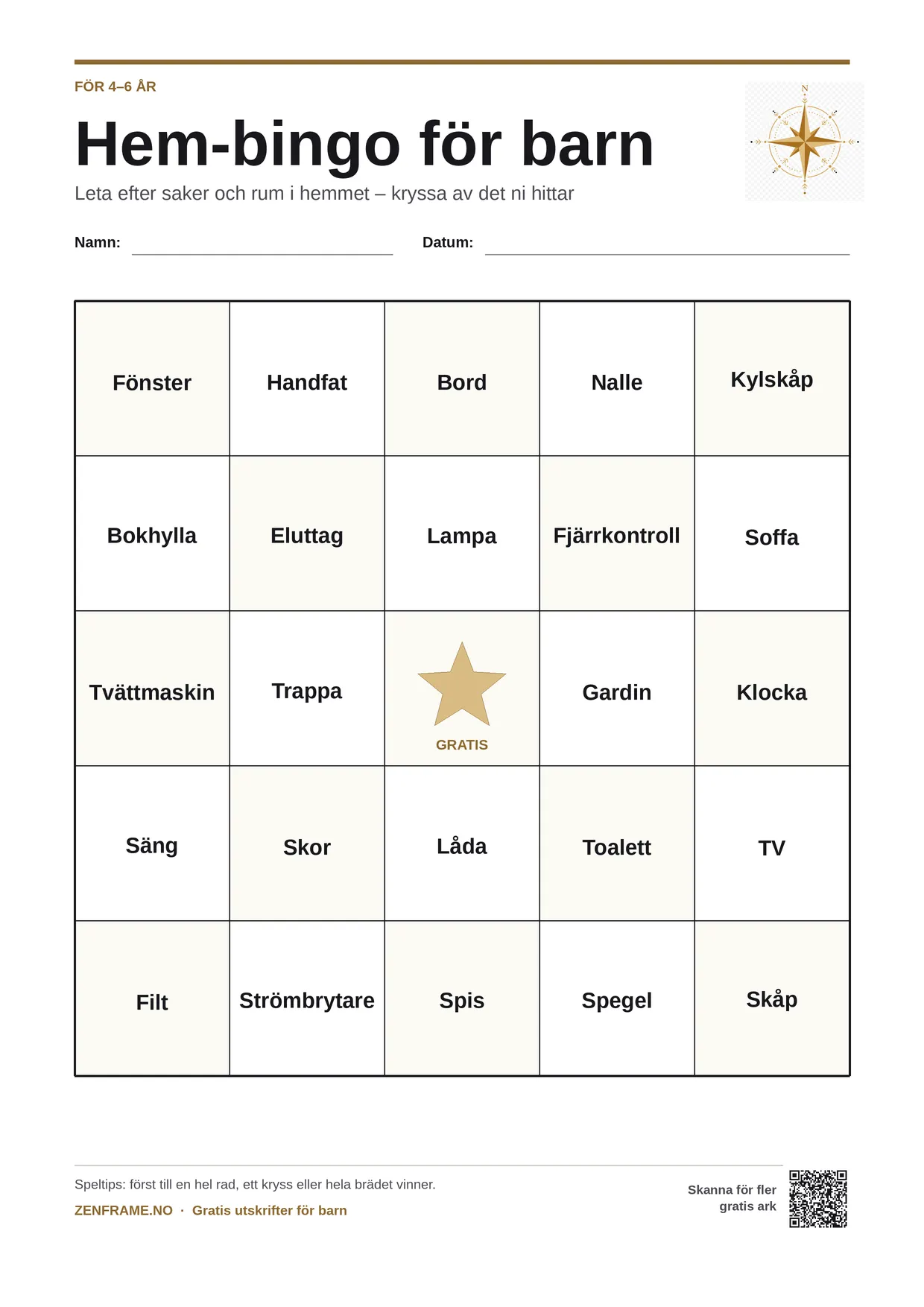 Hem-bingo för barn 4–6 år – gratis utskrivbart A4-bräde
