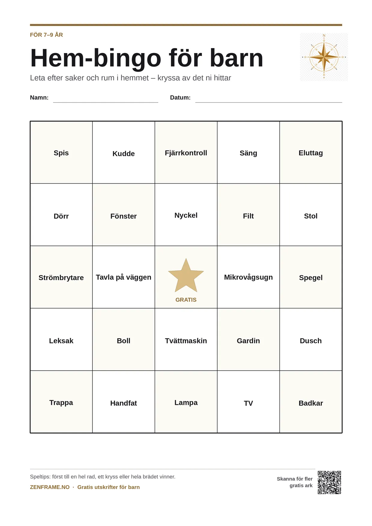 Hem-bingo för barn 7–9 år – gratis utskrivbart A4-bräde