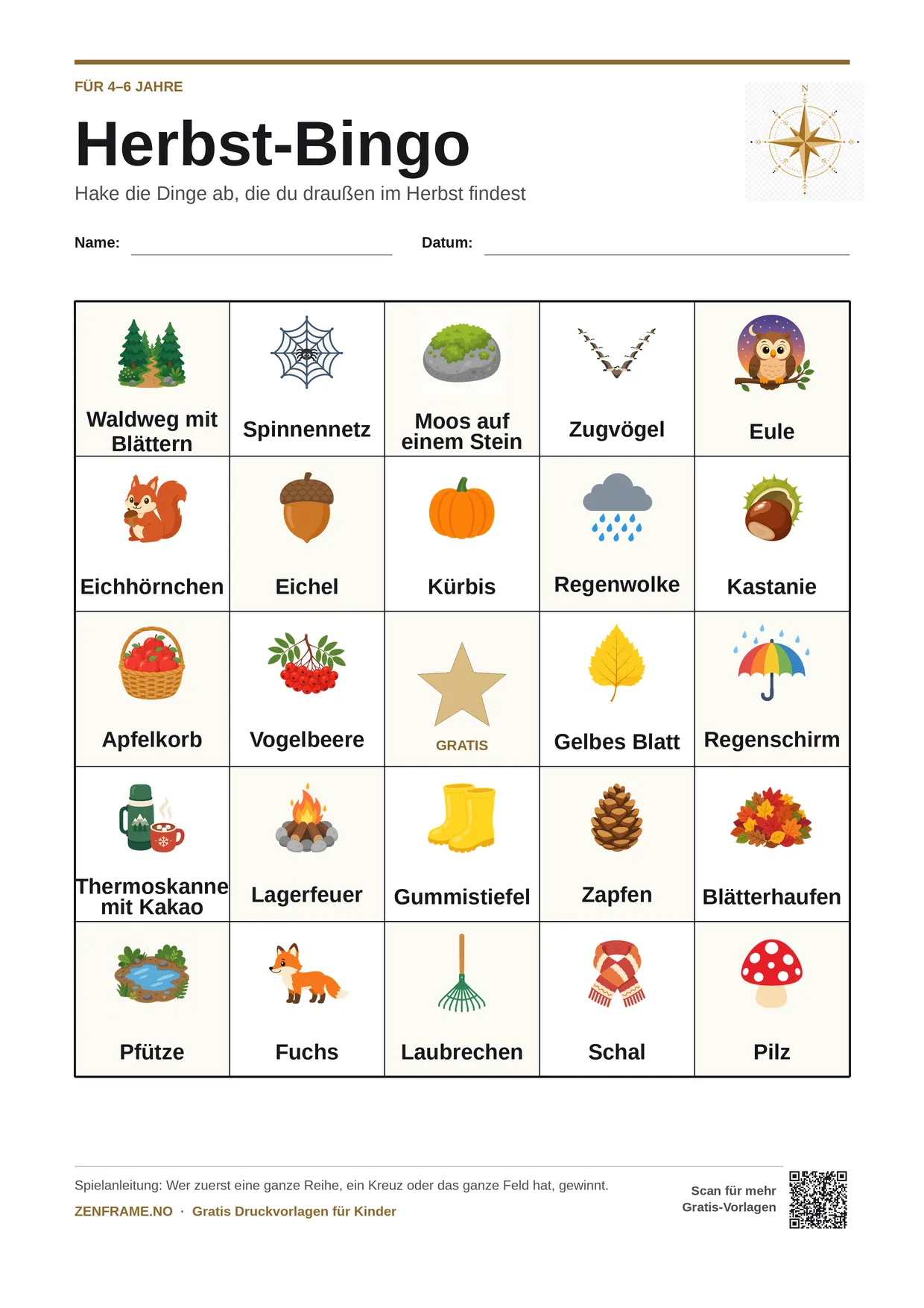 Herbst-Bingo für Kinder 4–6 Jahre – kostenlose A4-Vorlage zum Ausdrucken