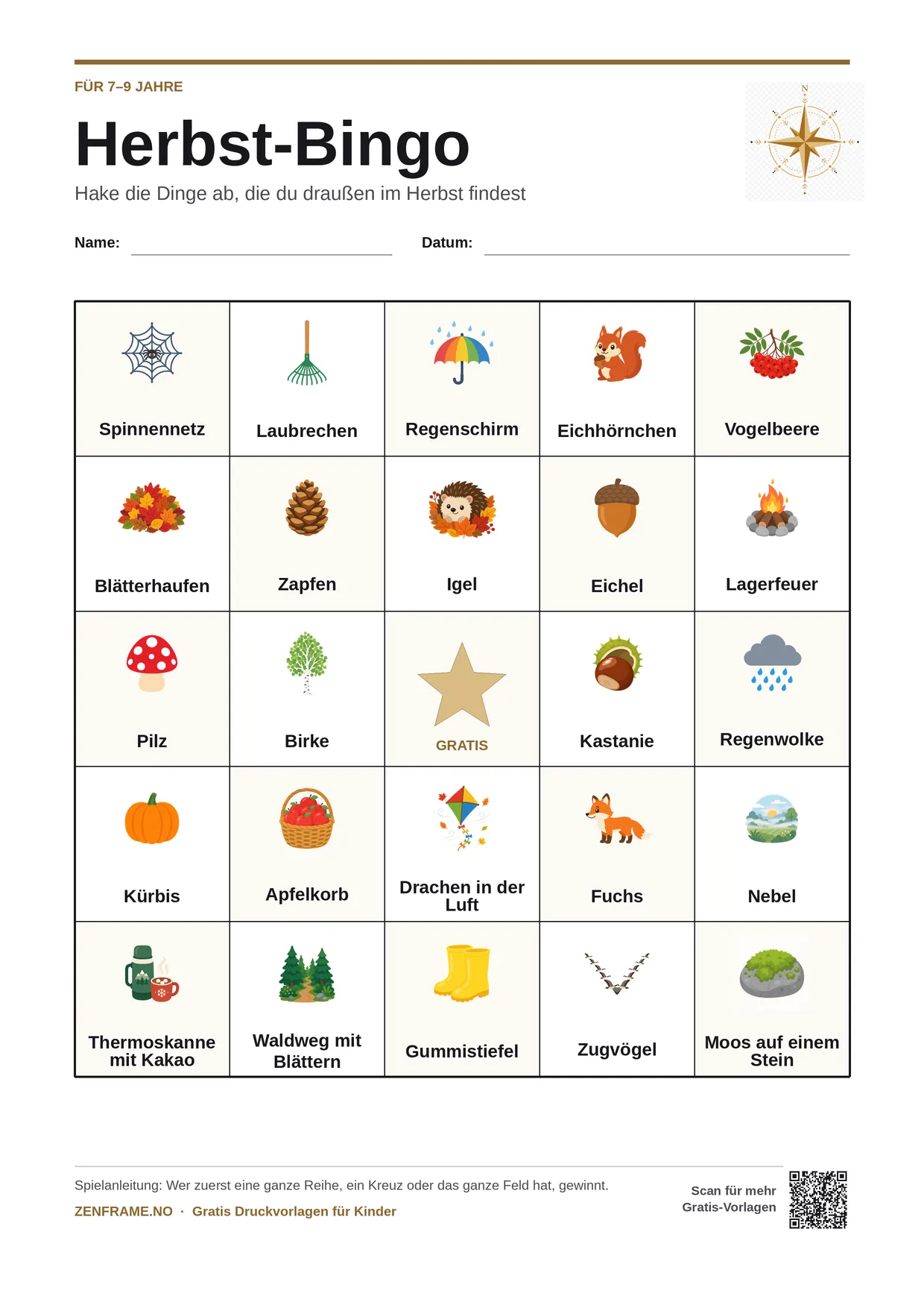 Herbst-Bingo für Kinder 7–9 Jahre – kostenlose A4-Vorlage zum Ausdrucken