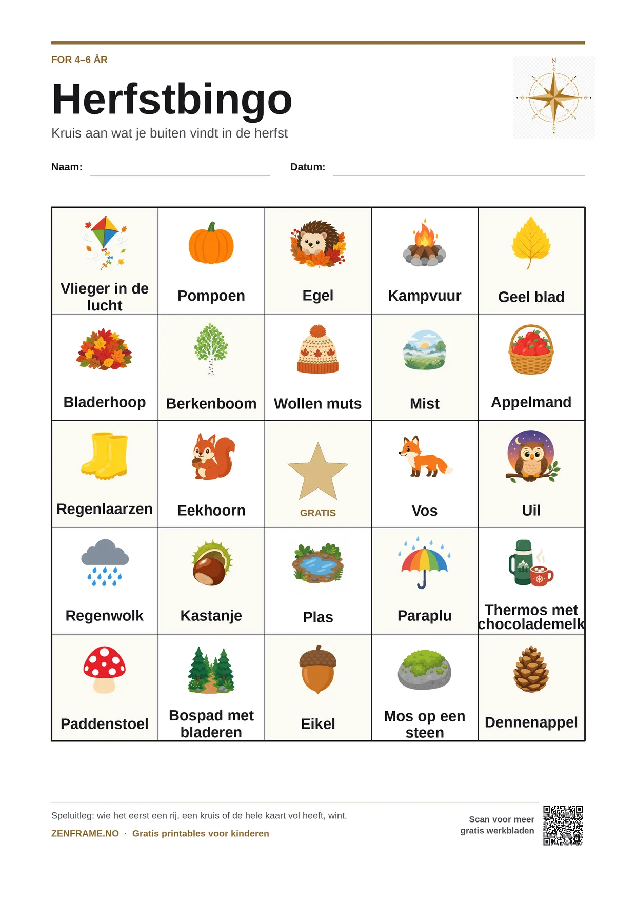Herfstbingo voor kinderen 4–6 jaar – gratis printbare A4-kaart