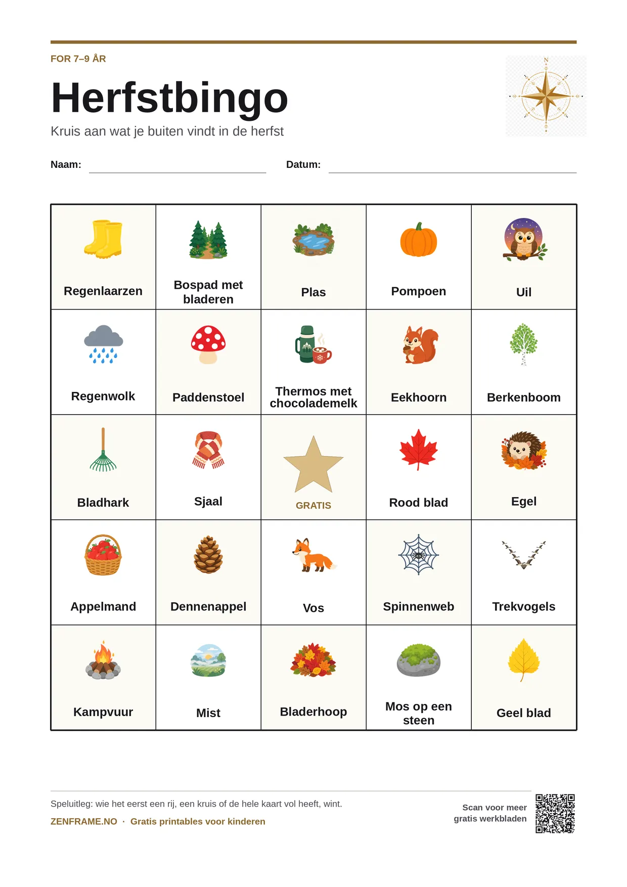 Herfstbingo voor kinderen 7–9 jaar – gratis printbare A4-kaart