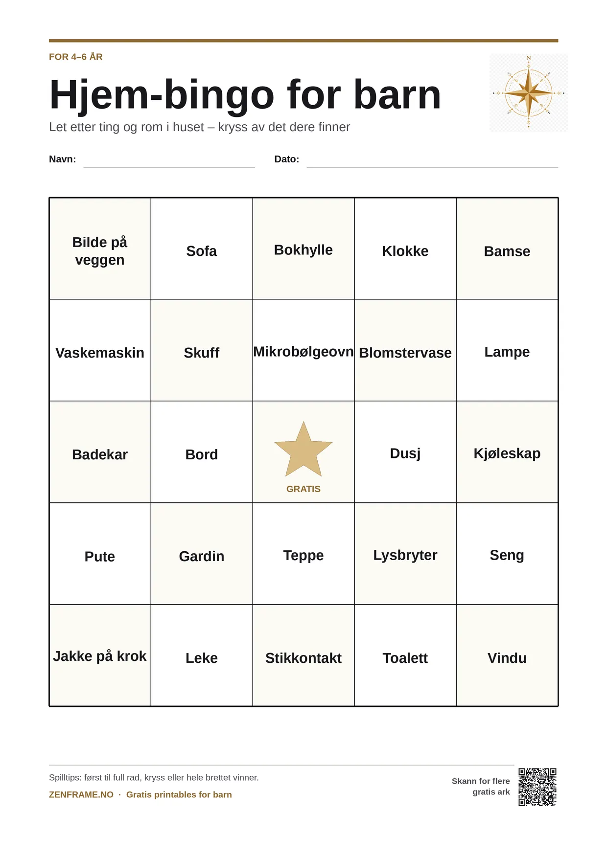 Hjem-bingo for barn 4–6 år – gratis utskrivbart A4-brett