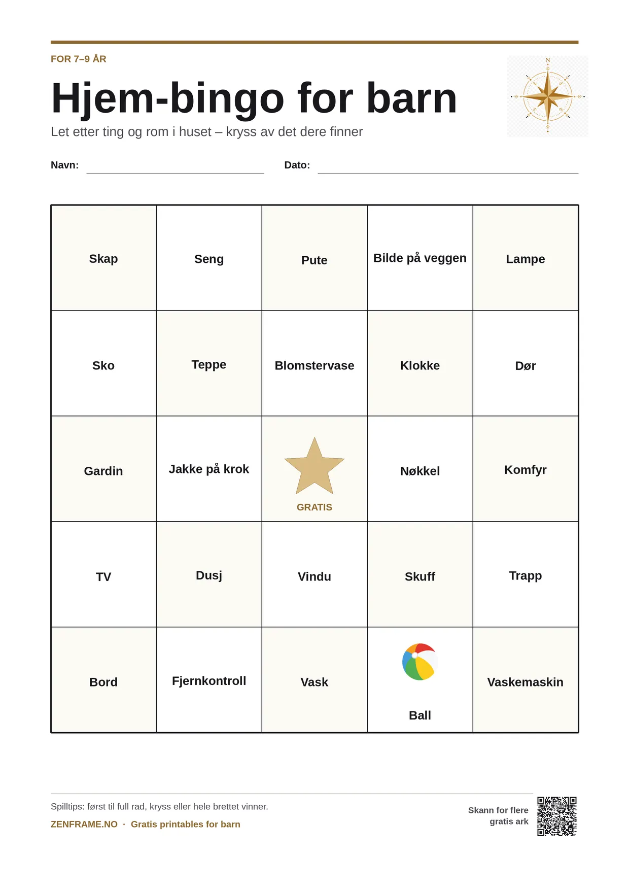 Hjem-bingo for barn 7–9 år – gratis utskrivbart A4-brett