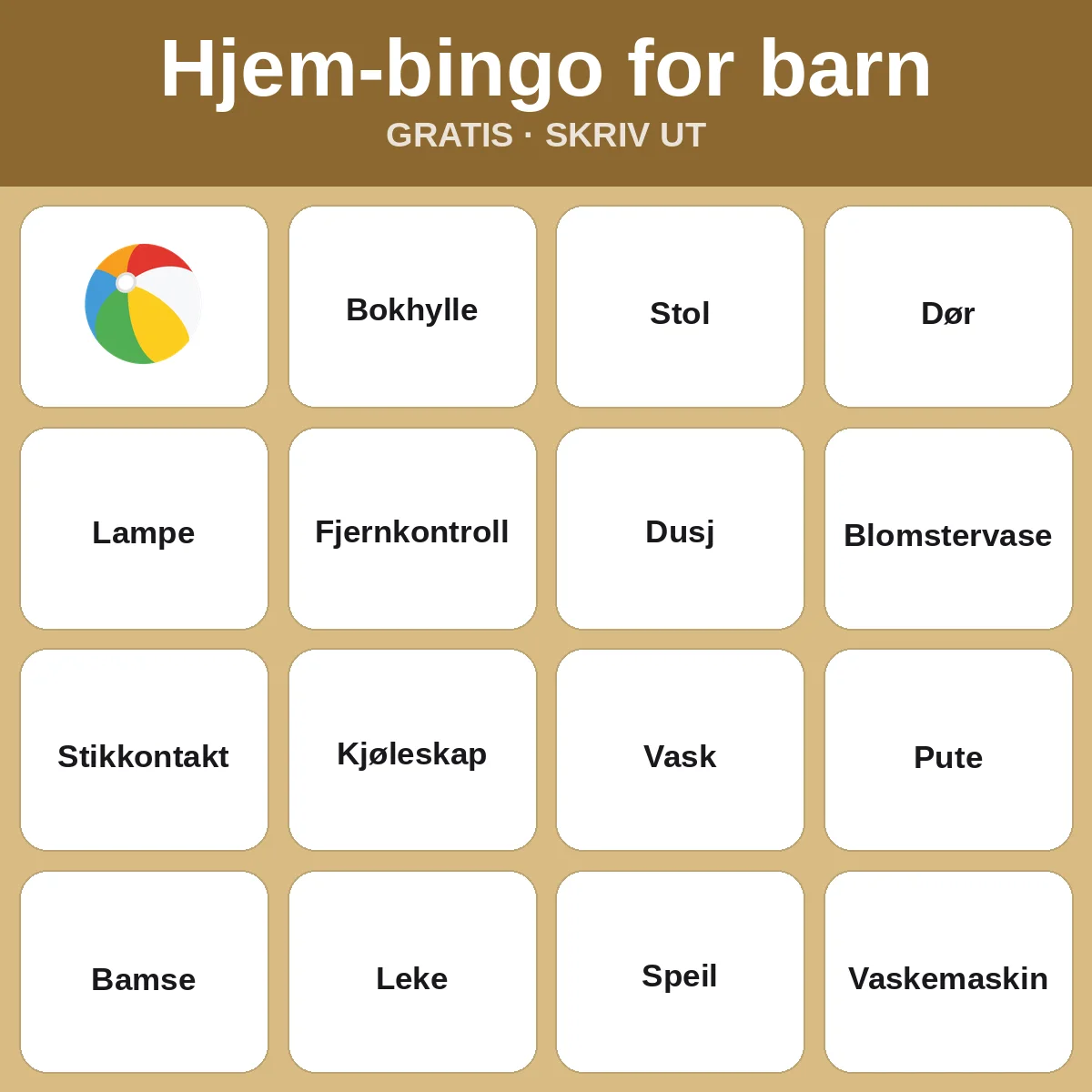 Hjem-bingo for barn – gratis bingo til utskrift for barn