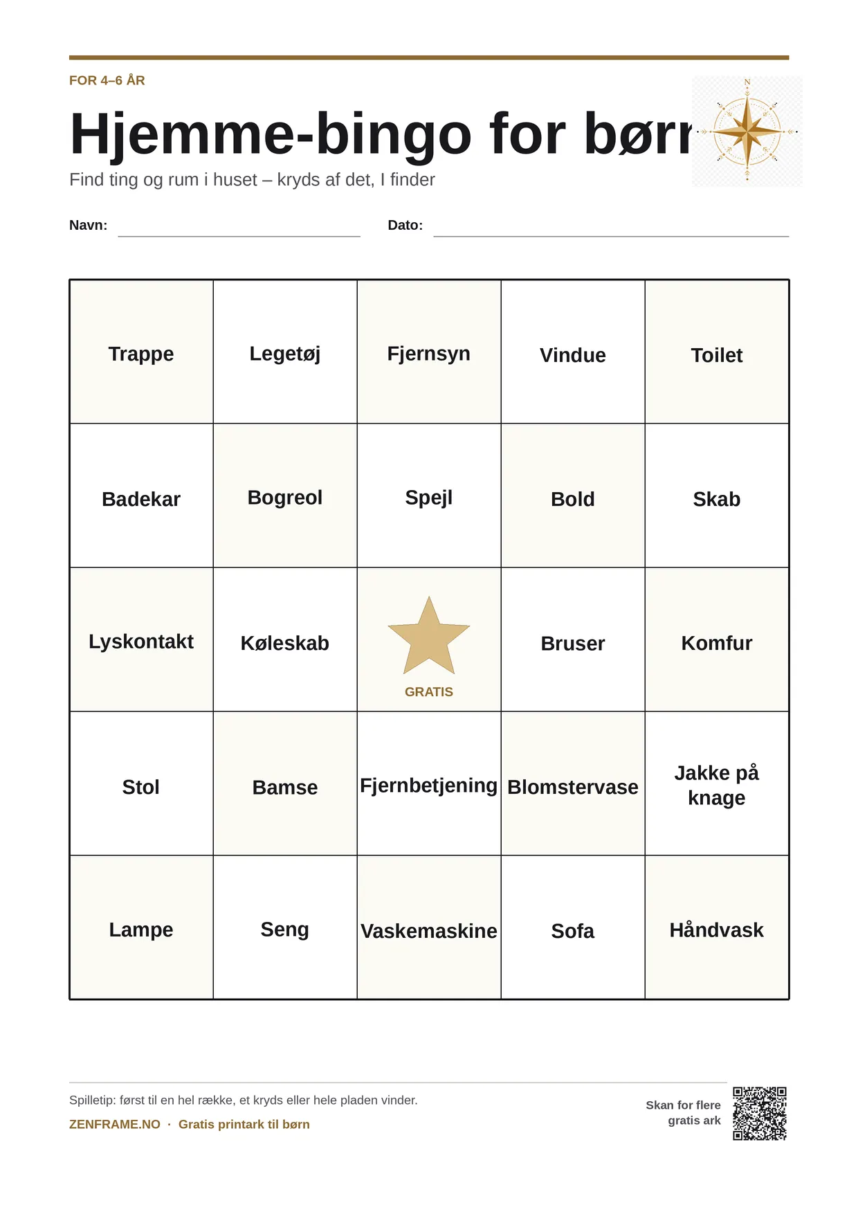 Hjemme-bingo for børn 4–6 år – gratis printbar A4-plade