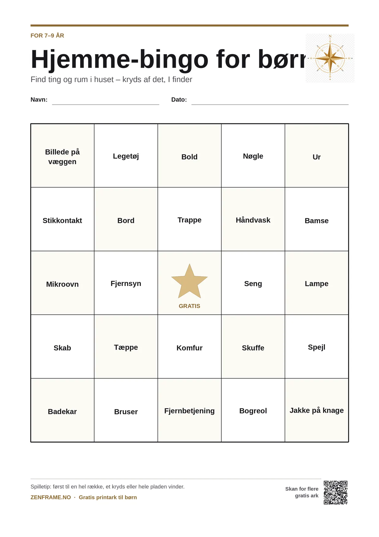Hjemme-bingo for børn 7–9 år – gratis printbar A4-plade