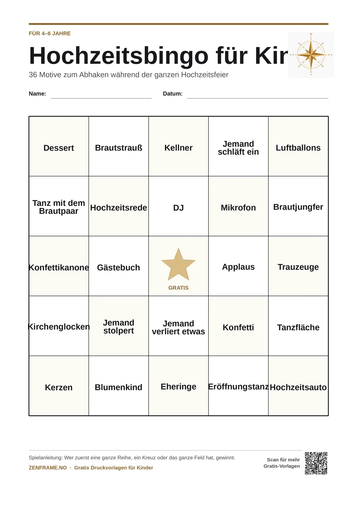 Hochzeitsbingo für Kinder 4–6 Jahre – kostenlose A4-Vorlage zum Ausdrucken