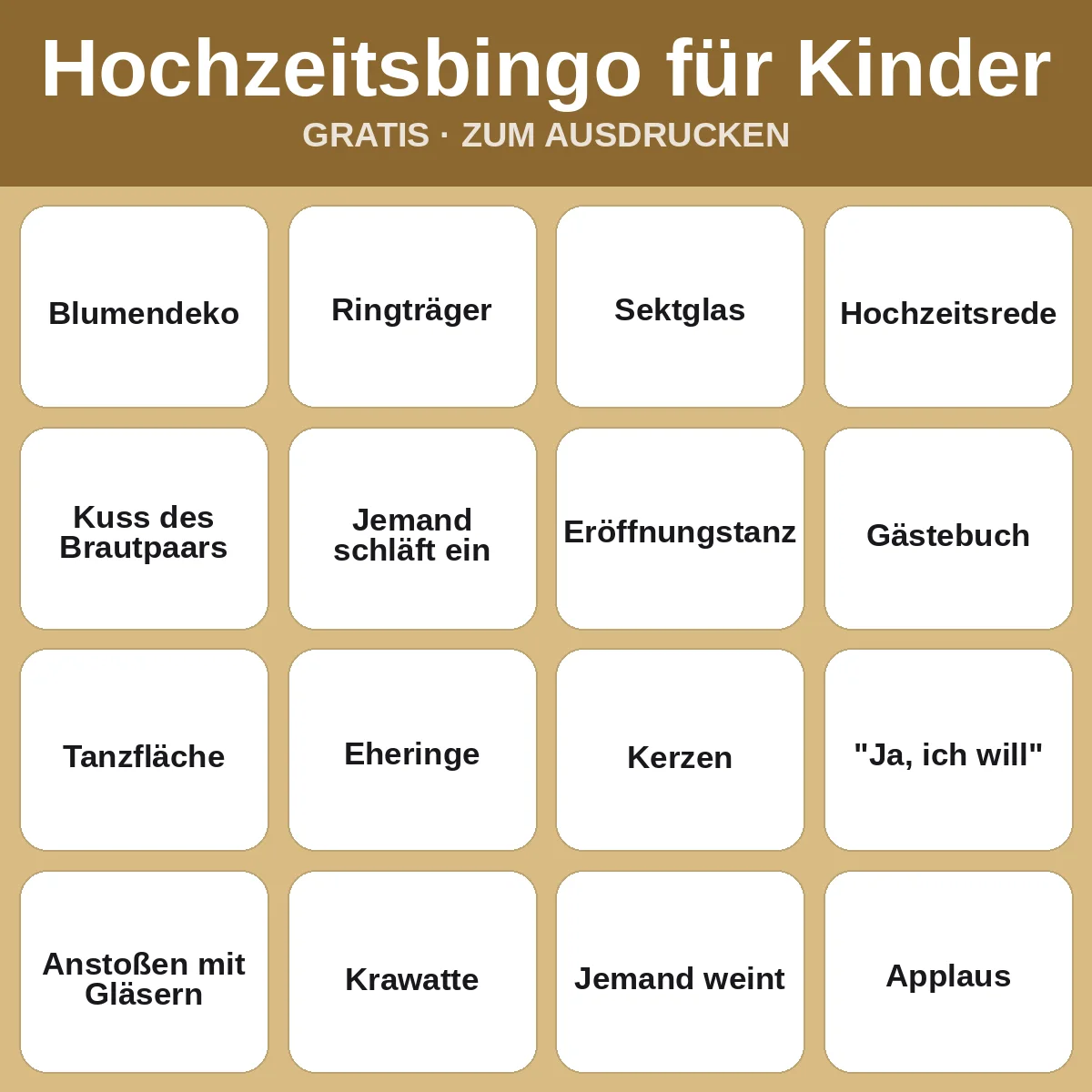 Hochzeitsbingo für Kinder – kostenloses Bingo zum Ausdrucken für Kinder