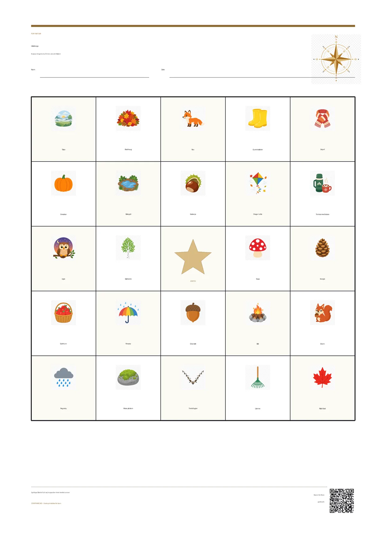 Høstbingo for barn 10–12 år – gratis utskrivbart A4-brett