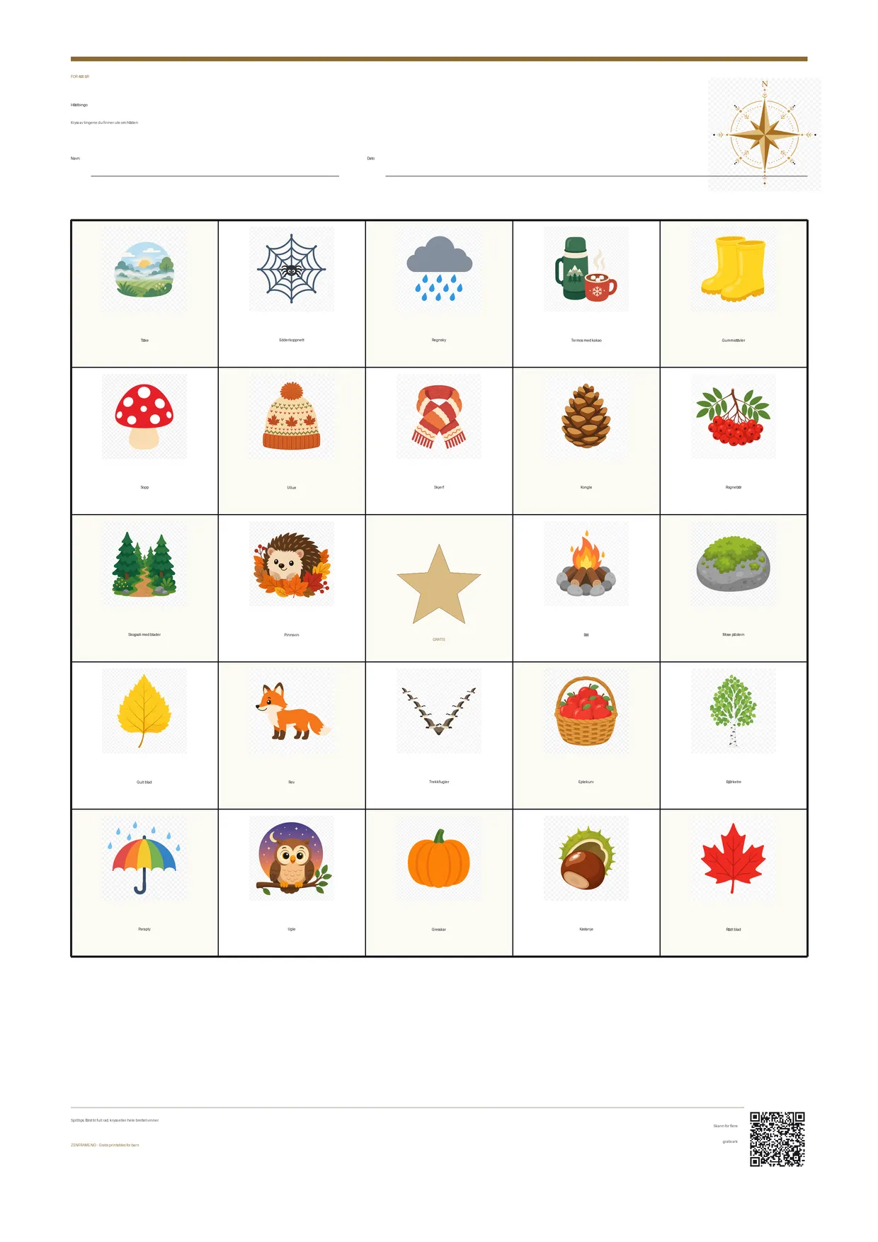 Høstbingo for barn 4–6 år – gratis utskrivbart A4-brett