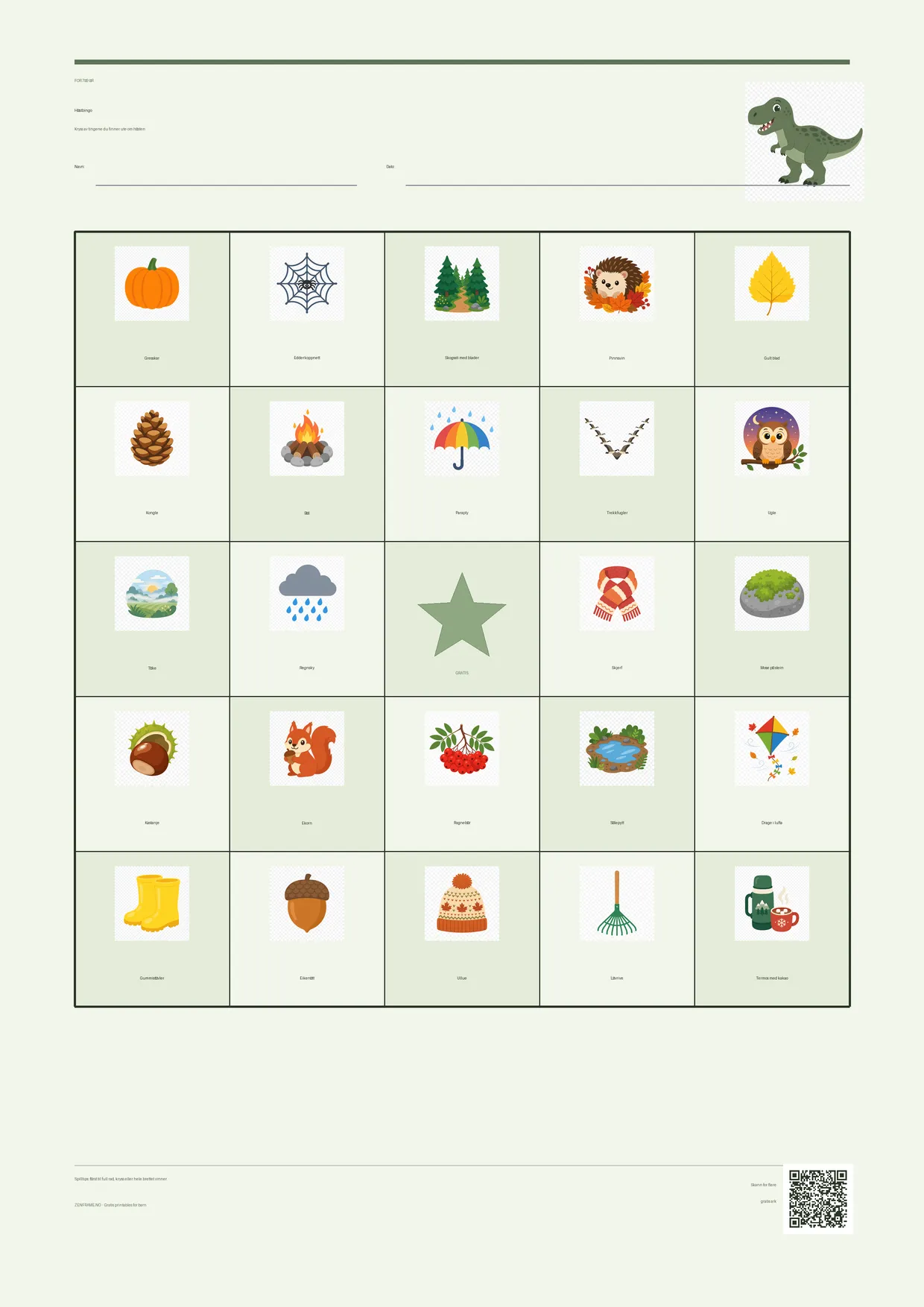 Høstbingo for barn 7–9 år – Dinosaur-tema – gratis utskrivbart A4-brett