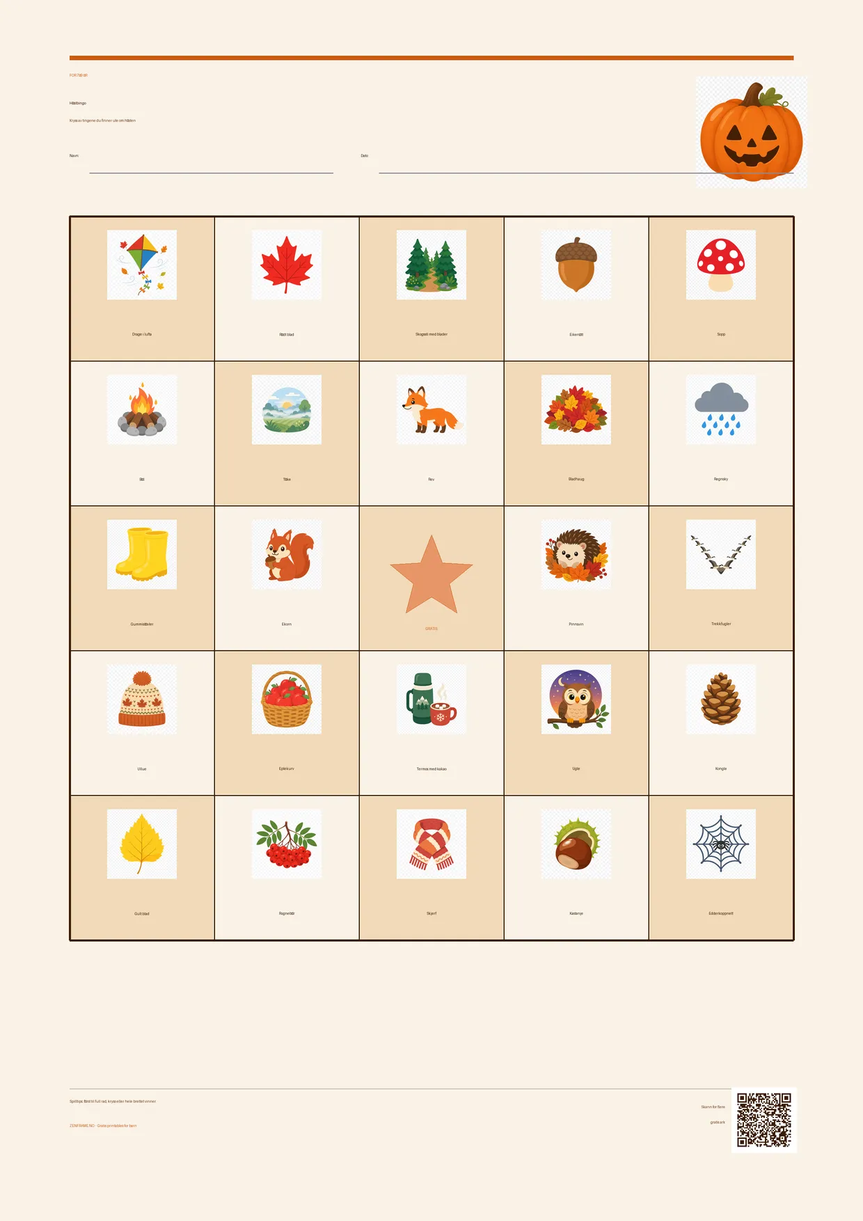 Høstbingo for barn 7–9 år – Halloween-tema – gratis utskrivbart A4-brett