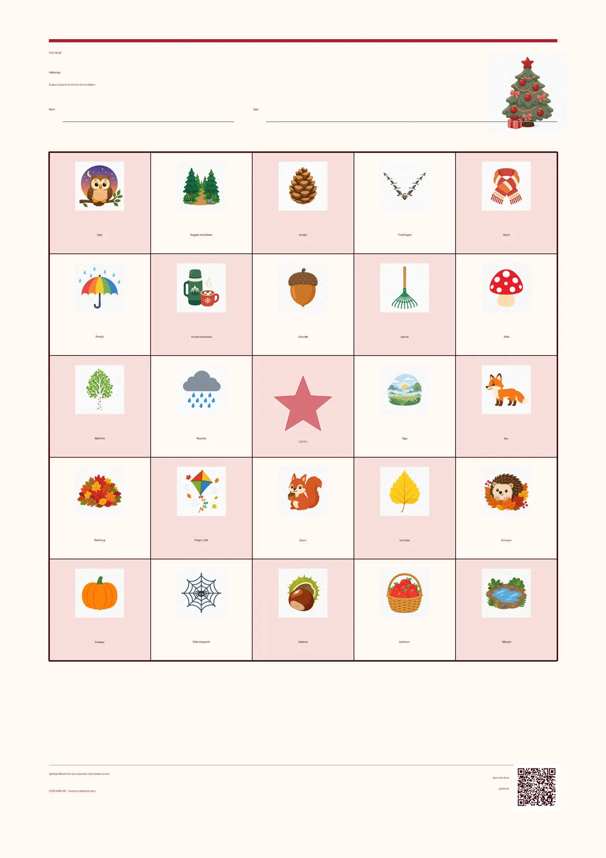Høstbingo for barn 7–9 år – Jul-tema – gratis utskrivbart A4-brett