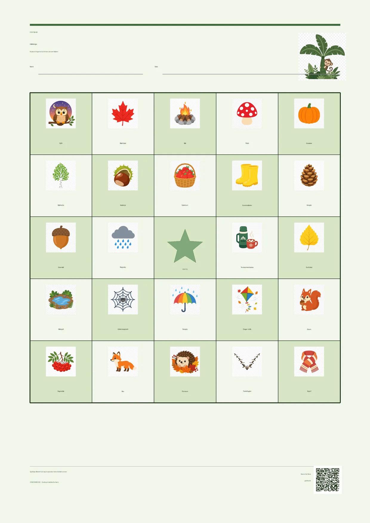 Høstbingo for barn 7–9 år – Jungel-tema – gratis utskrivbart A4-brett
