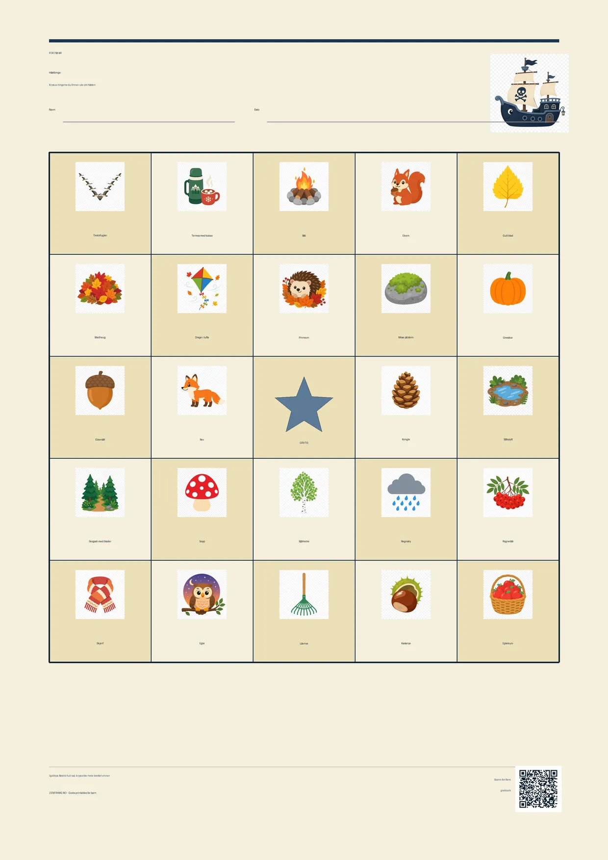 Høstbingo for barn 7–9 år – Pirat-tema – gratis utskrivbart A4-brett