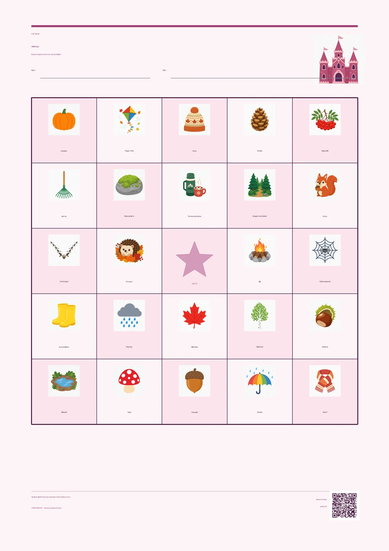 Høstbingo for barn 7–9 år – Prinsesse-tema – gratis utskrivbart A4-brett