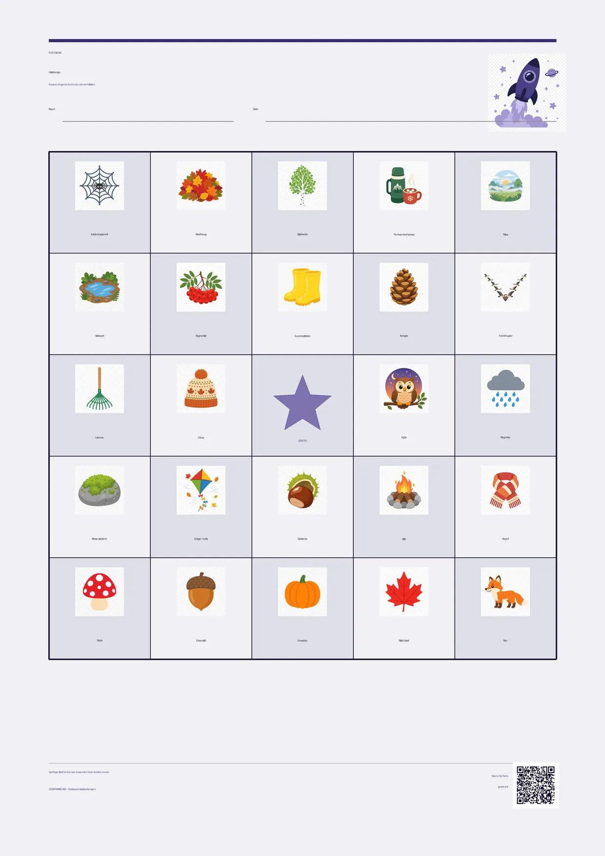 Høstbingo for barn 7–9 år – Romfart-tema – gratis utskrivbart A4-brett