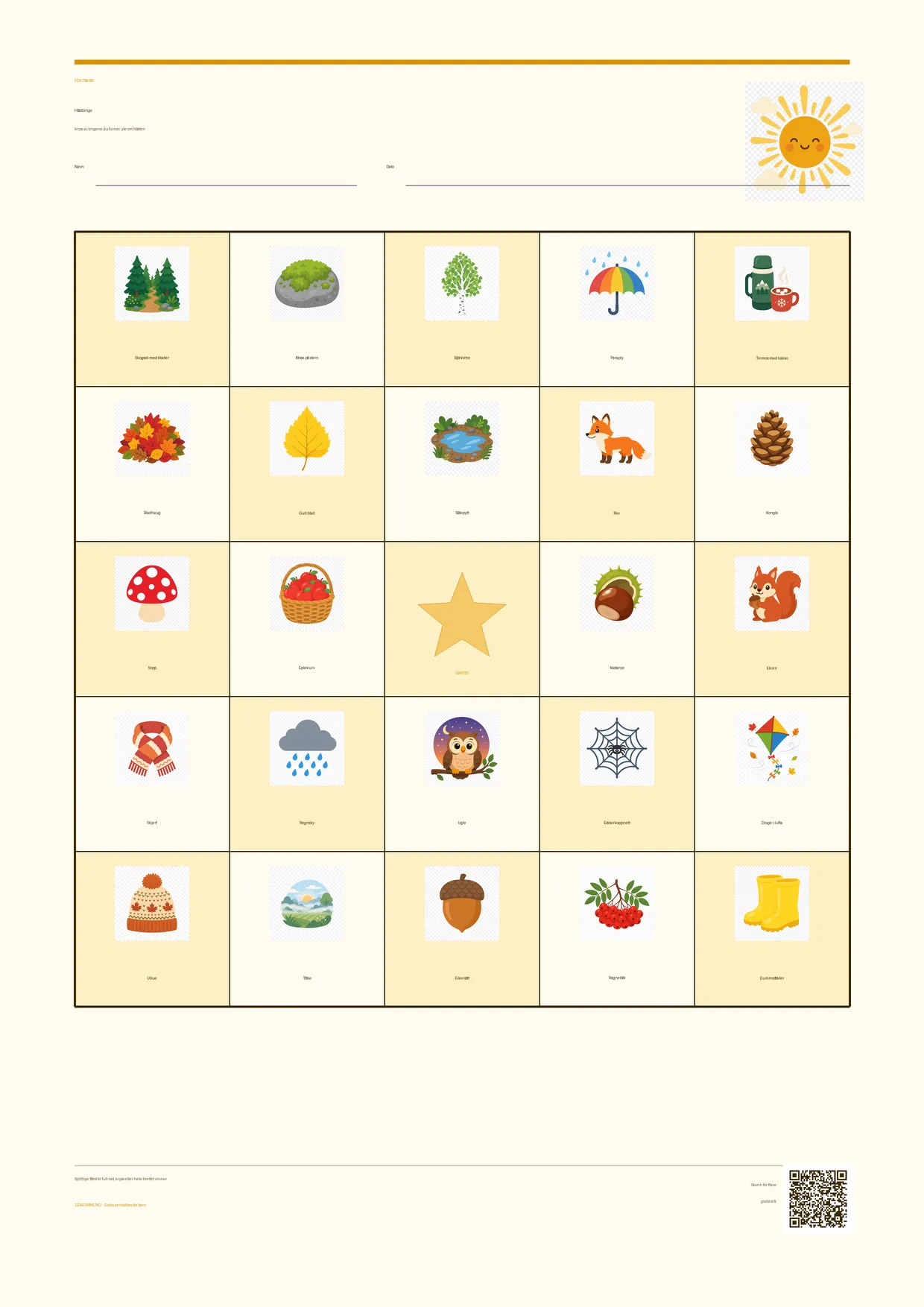 Høstbingo for barn 7–9 år – Sommer-tema – gratis utskrivbart A4-brett