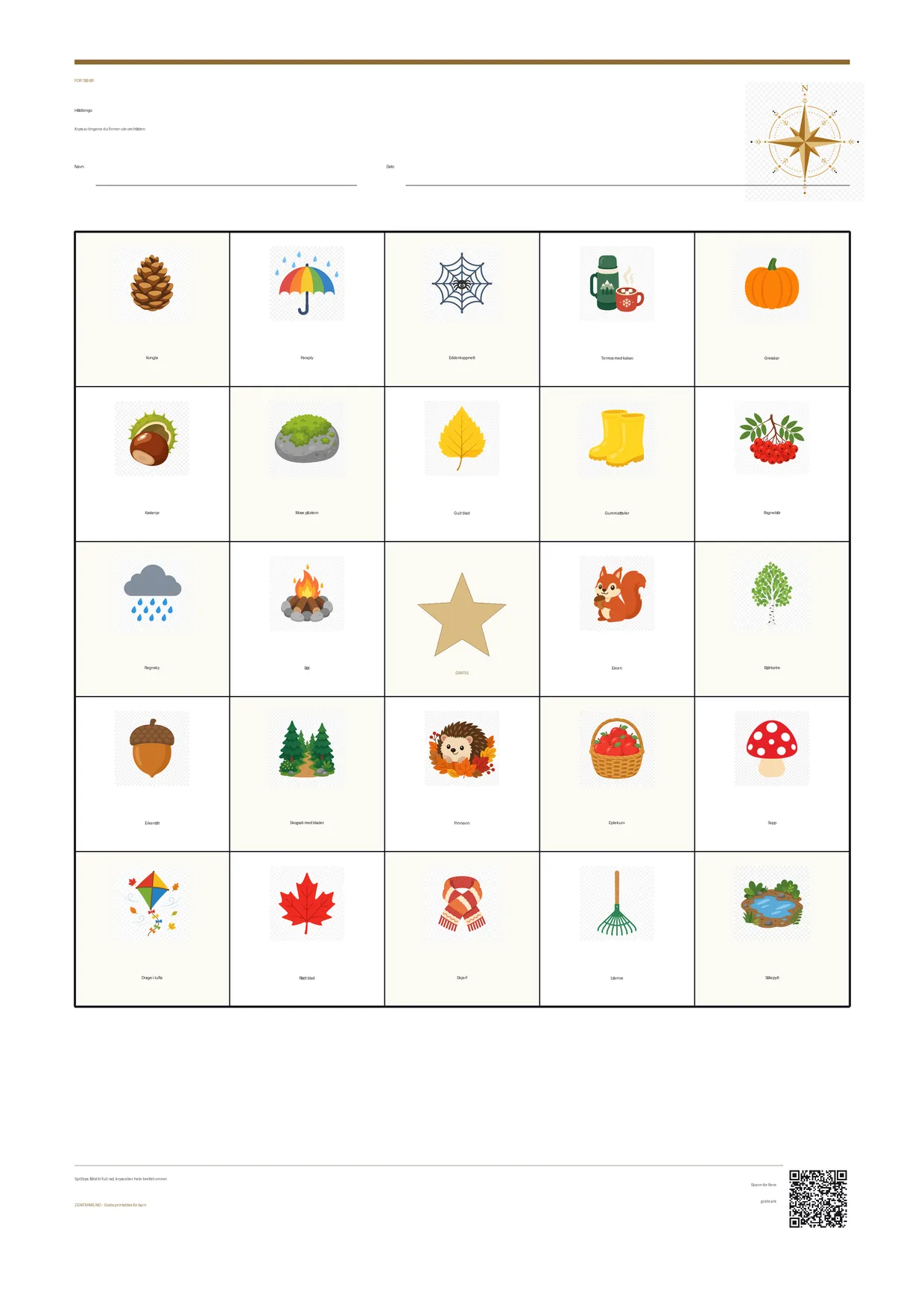 Høstbingo for barn 7–9 år – gratis utskrivbart A4-brett
