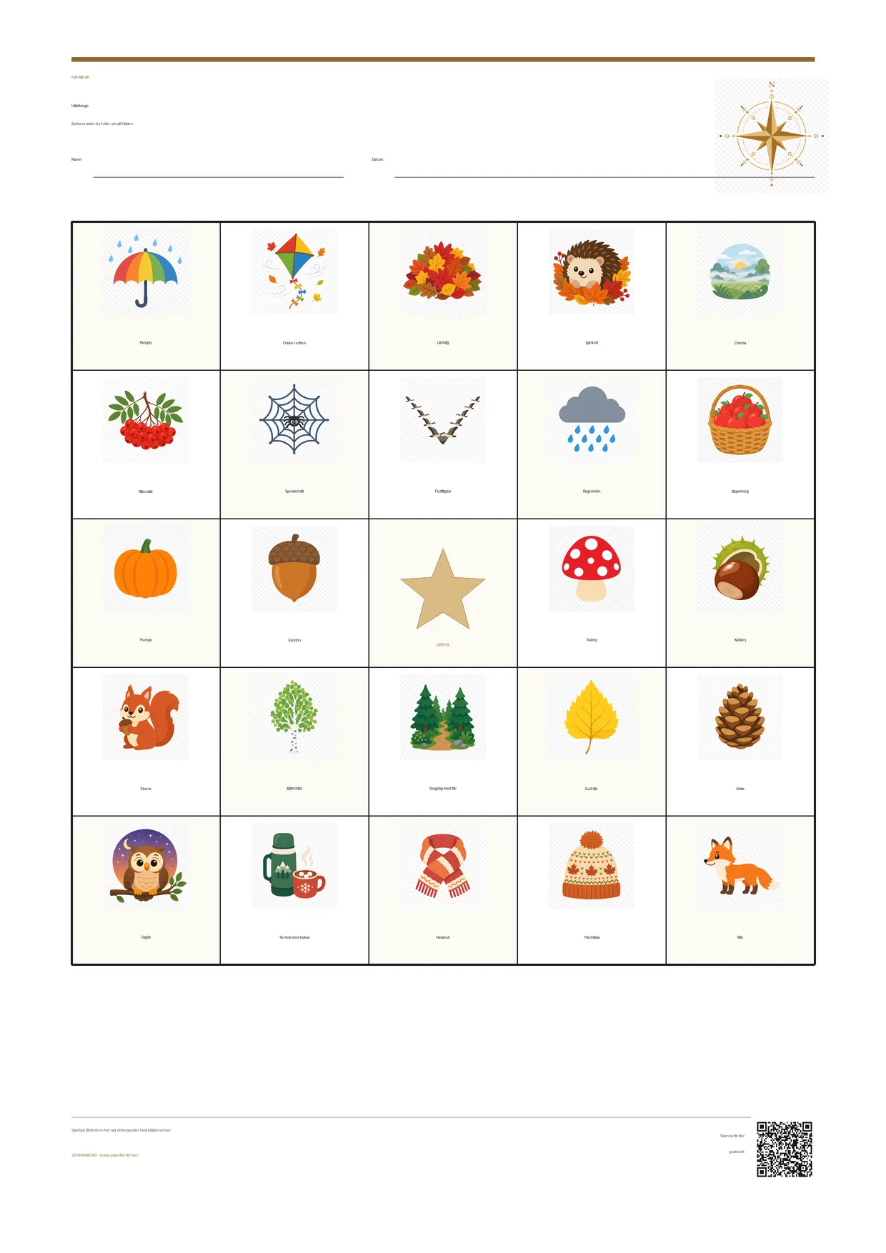 Höstbingo för barn 4–6 år – gratis utskrivbart A4-bräde