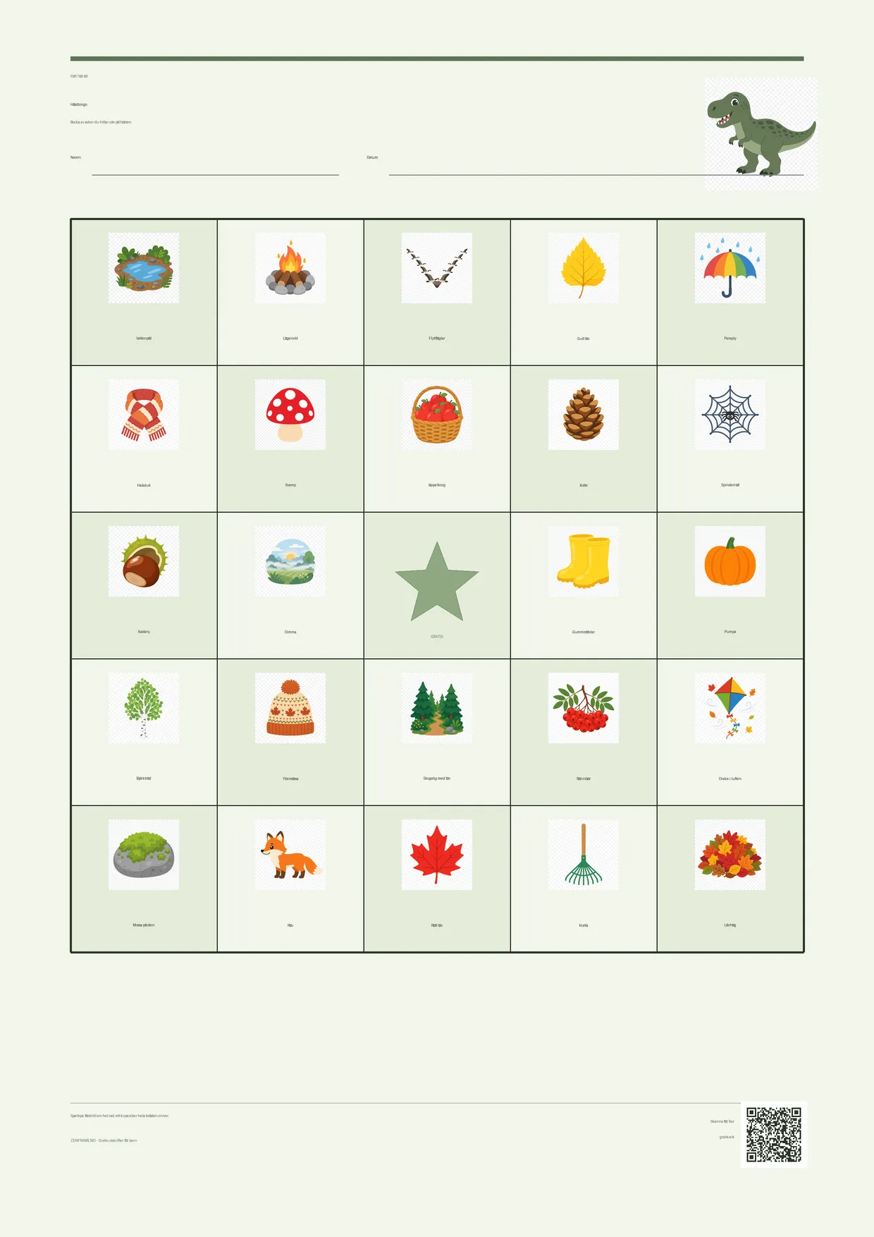 Höstbingo för barn 7–9 år – Dinosaurie-tema – gratis utskrivbart A4-bräde