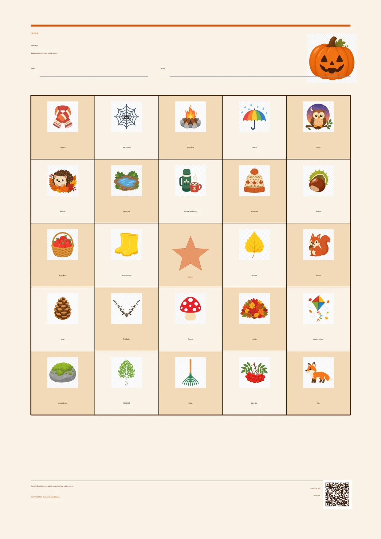 Höstbingo för barn 7–9 år – Halloween-tema – gratis utskrivbart A4-bräde