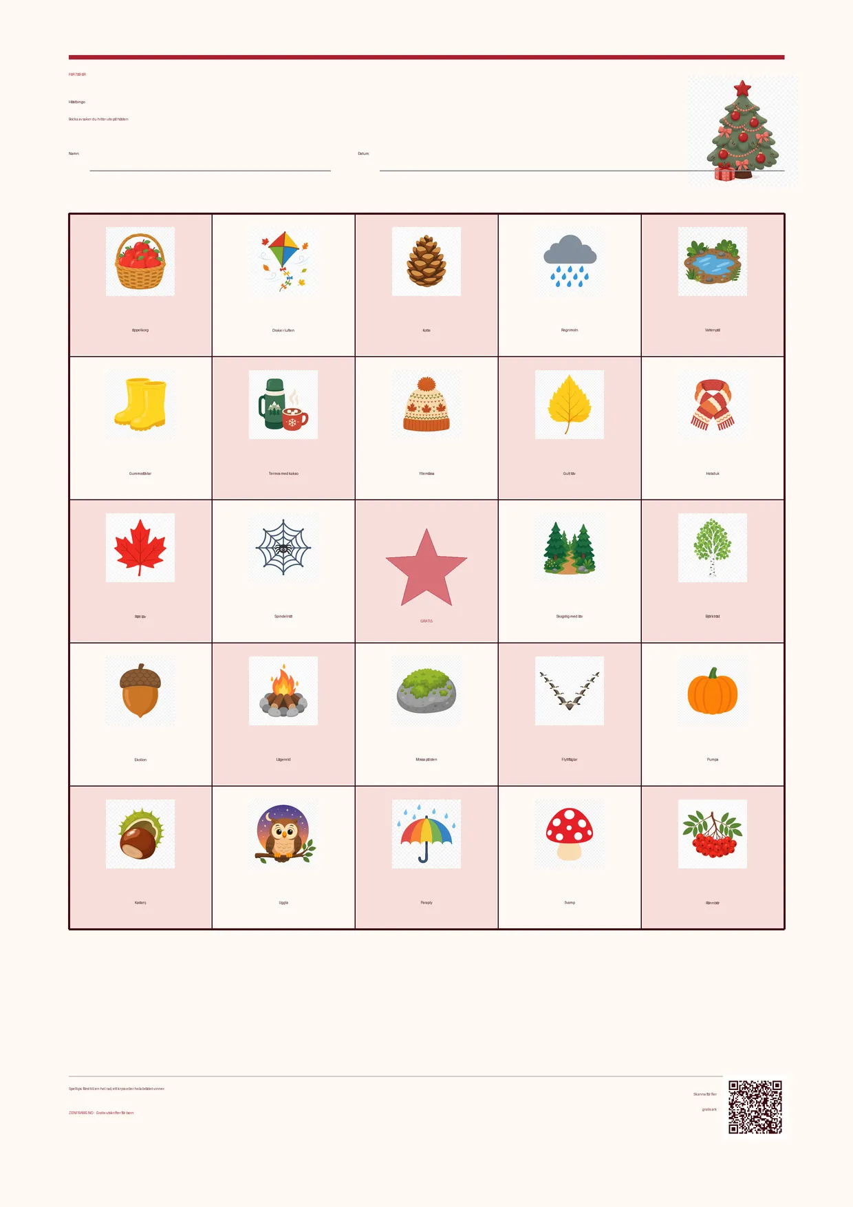 Höstbingo för barn 7–9 år – Jul-tema – gratis utskrivbart A4-bräde
