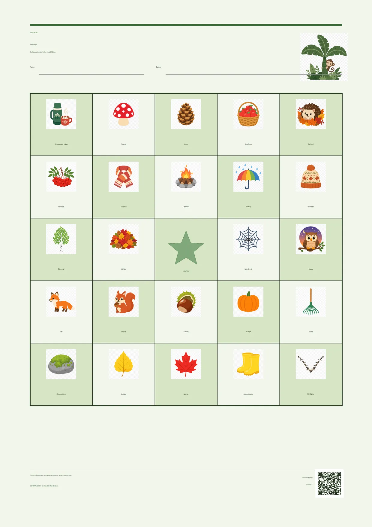 Höstbingo för barn 7–9 år – Djungel-tema – gratis utskrivbart A4-bräde