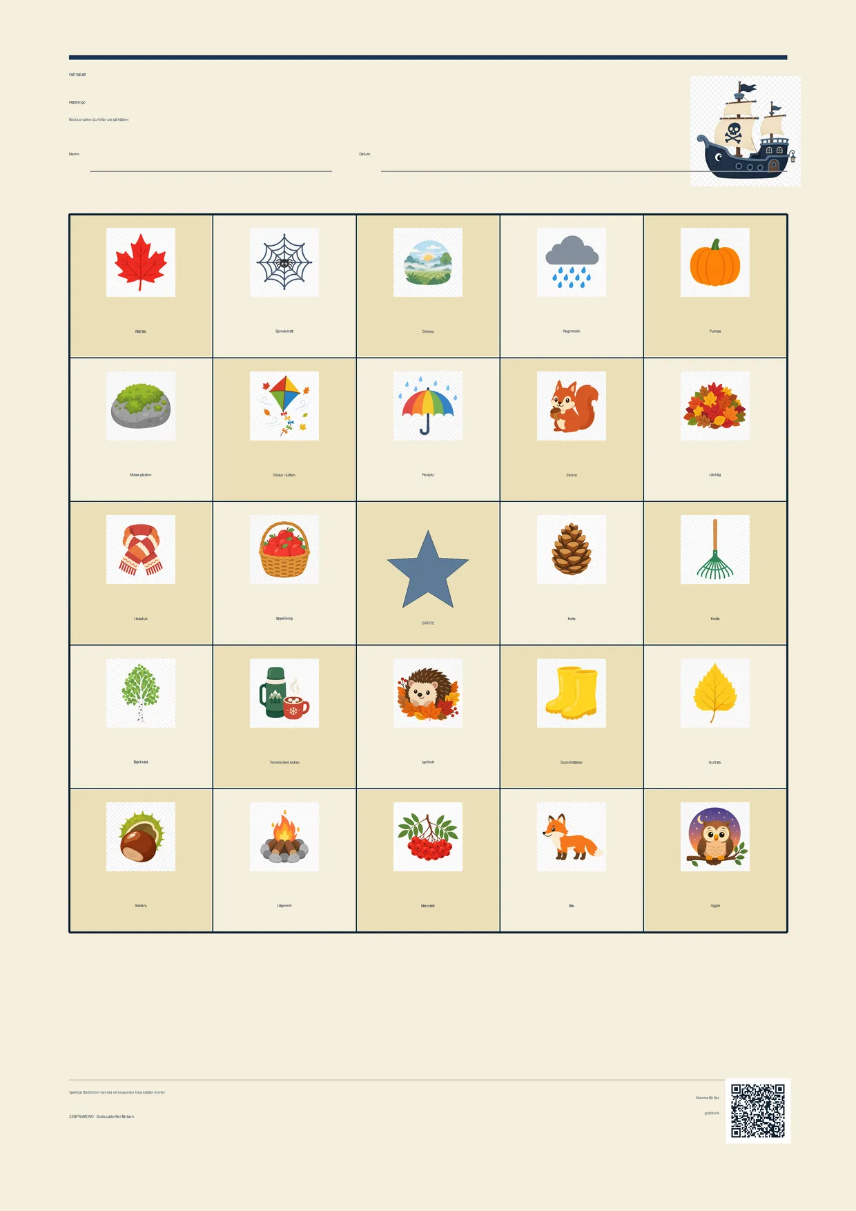 Höstbingo för barn 7–9 år – Pirat-tema – gratis utskrivbart A4-bräde